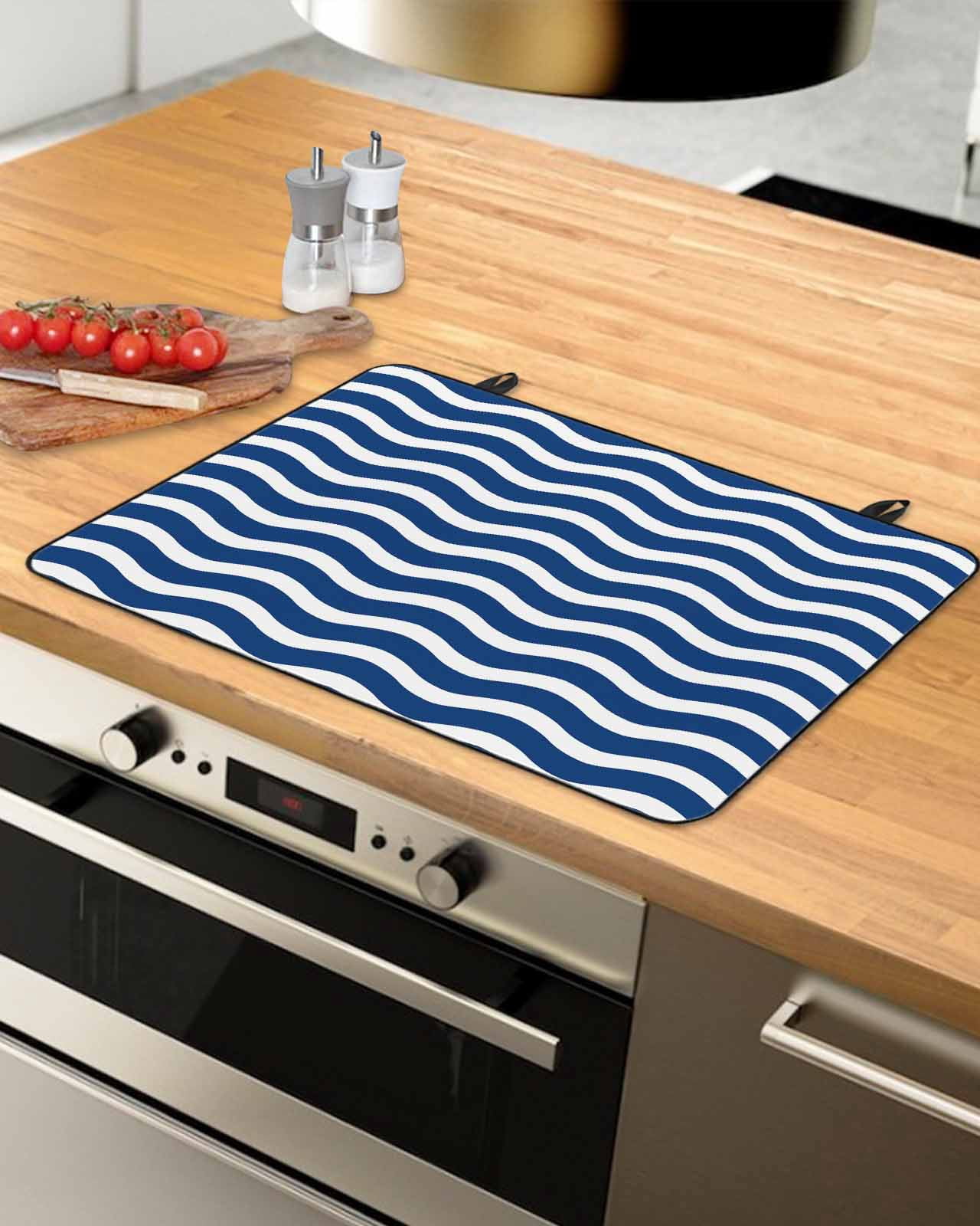 nqOlkjepod Large Induction Cooktop Protector Mat 36"x21", Navy Blue White Stove Top Covers for Electric Stove, Abstract Waves Water Ripple Striped Stove Burner Cover Mats, Glass Top Stove Cover