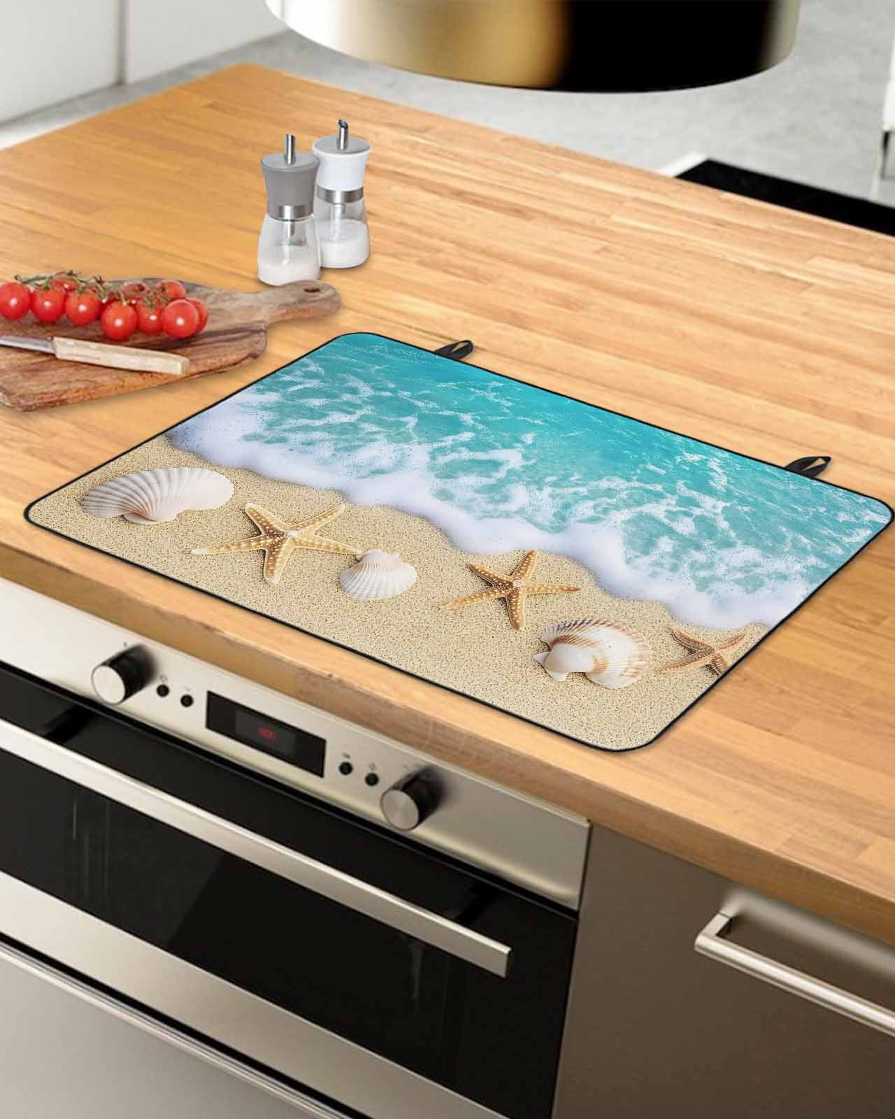 nqOlkjepod Large Induction Cooktop Protector Mat 36"x21", Ocean Beach Stove Top Covers for Electric Stove, Starfish Shell Sand Coastal Summer Blue Brown Stove Burner Cover Mats Stove Cover