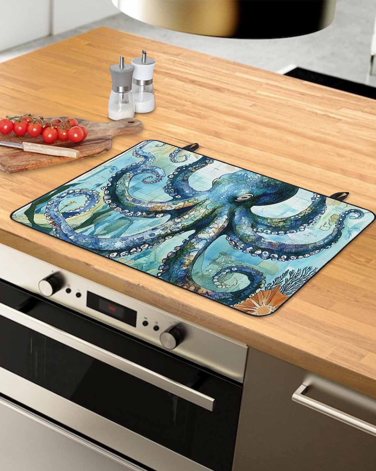 nqOlkjepod Large Induction Cooktop Protector Mat 36"x21", Ocean Blue Octopus Stove Top Covers for Electric Stove, Summer Watercolor Vintage Coral Stove Burner Cover Mats, Glass Top Stove Cover
