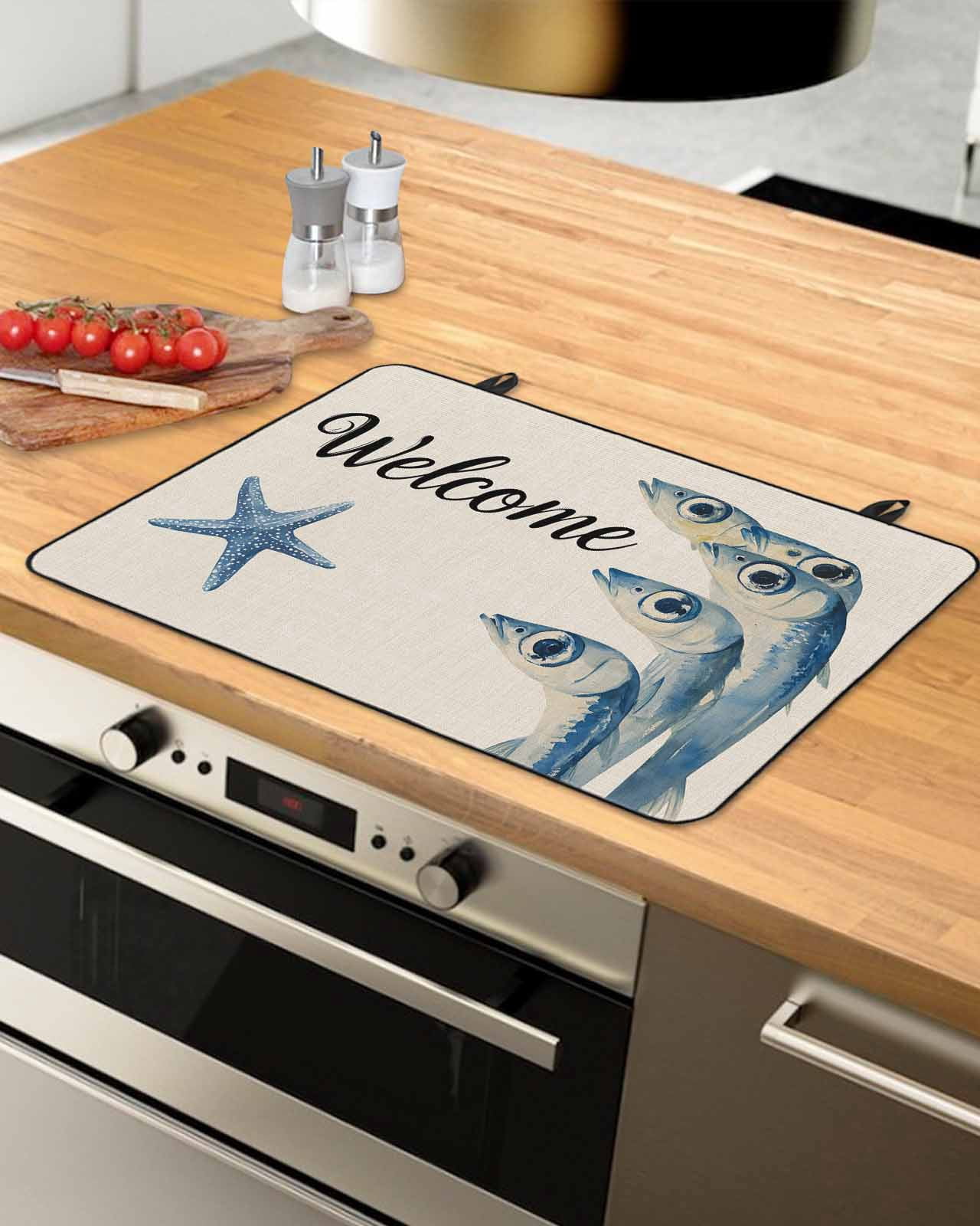 nqOlkjepod Large Induction Cooktop Protector Mat 36"x21", Ocean Fishes Stove Top Covers for Electric Stove, Underwater Animal Starfish Retro Beige Stove Burner Cover Mats, Glass Top Stove Cover