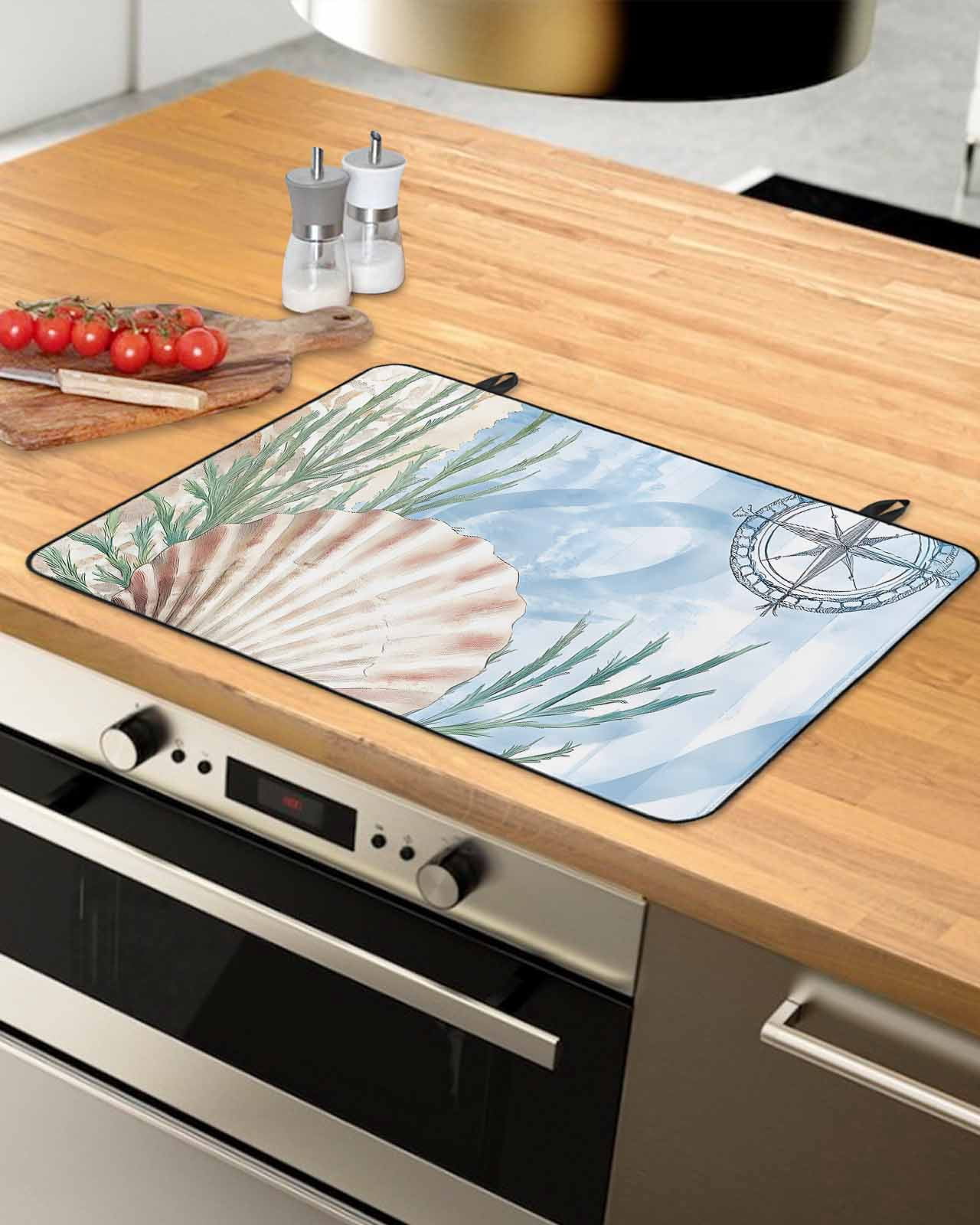 nqOlkjepod Large Induction Cooktop Protector Mat 36"x21", Ocean Nautical Stove Top Covers for Electric Stove, Summer Seaweed Shell Blue Beige Stove Burner Cover Mats, Glass Top Stove Cover