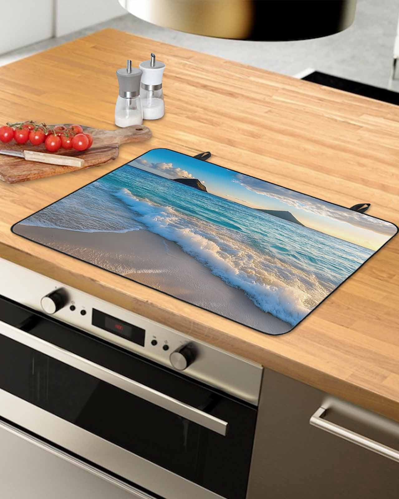 nqOlkjepod Large Induction Cooktop Protector Mat 36"x21", Ocean Stove Top Covers for Electric Stove, Blue Sky Mountain Sandy Beach Sea Scenery Stove Burner Cover Mats, Glass Top Stove Cover
