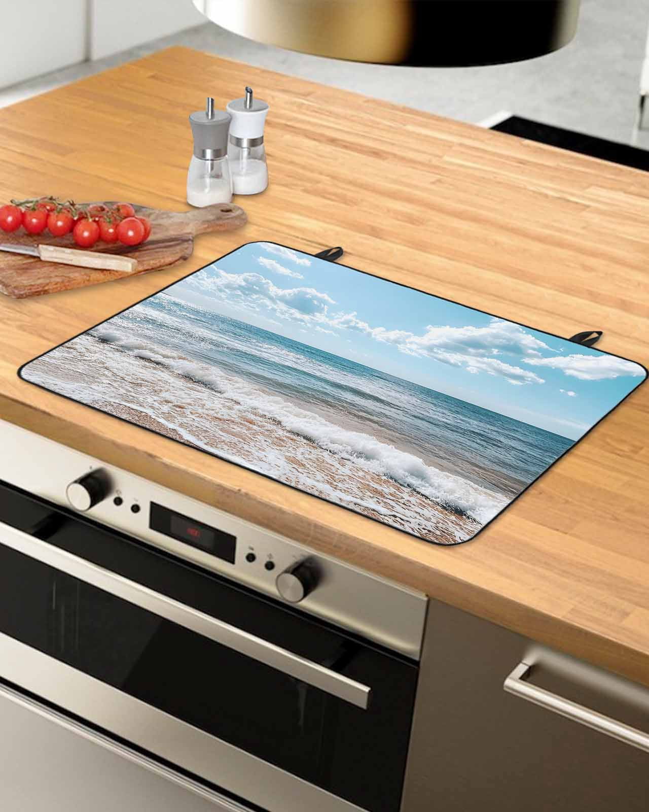 nqOlkjepod Large Induction Cooktop Protector Mat 36"x21", Ocean Stove Top Covers for Electric Stove, Summer Sandy Beach Blue Sky Coastal Waves Stove Burner Cover Mats, Glass Top Stove Cover