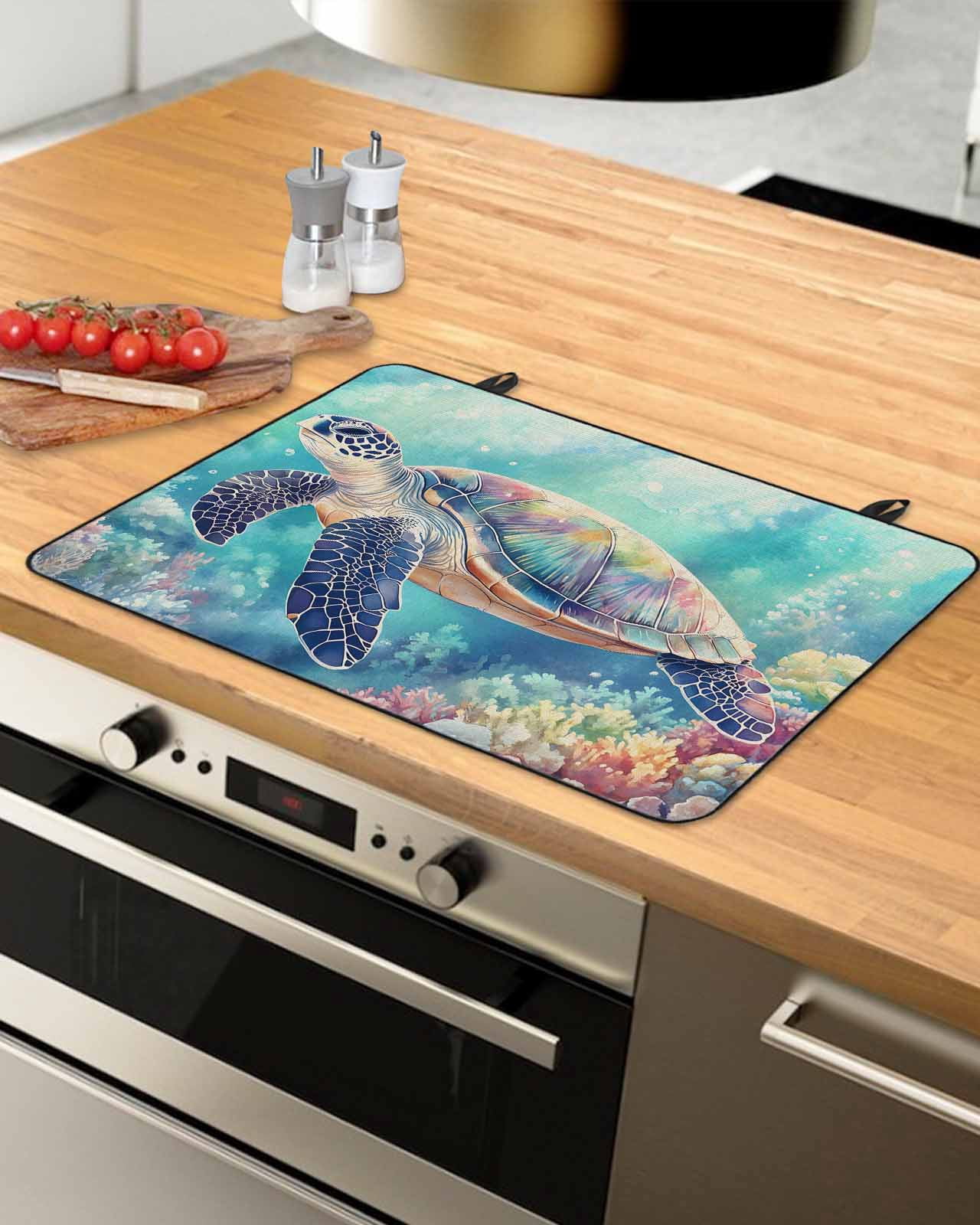 nqOlkjepod Large Induction Cooktop Protector Mat 36"x21", Ocean Turtle Stove Top Covers for Electric Stove, Coastal Coral Colorful Coral Watercoloor Stove Burner Cover Mats, Glass Top Stove Cover