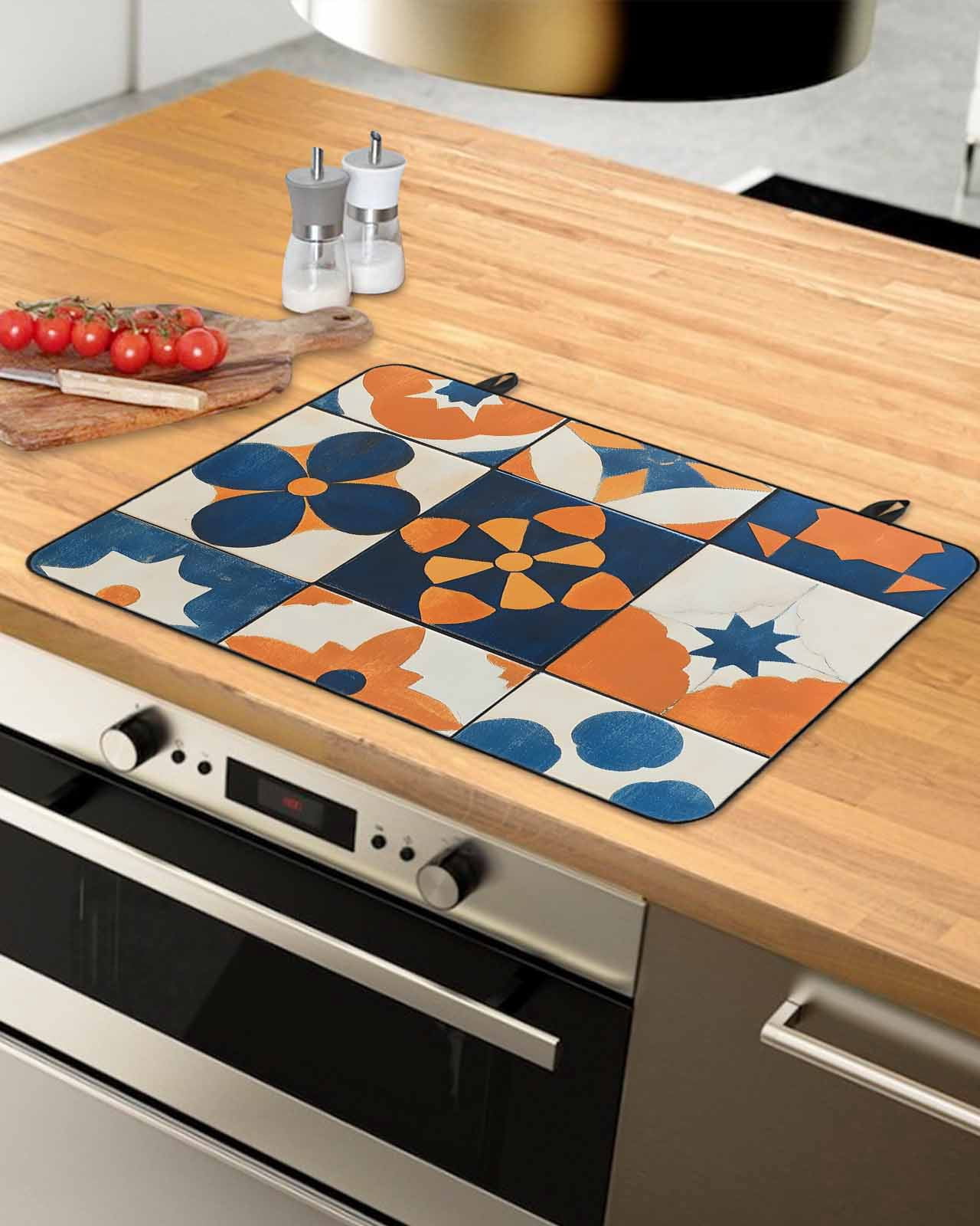 nqOlkjepod Large Induction Cooktop Protector Mat 36"x21", Orange Blue Geometric Stove Top Covers for Electric Stove, Funny Boho Colorful Plaid Art Stove Burner Cover Mats, Glass Top Stove Cover