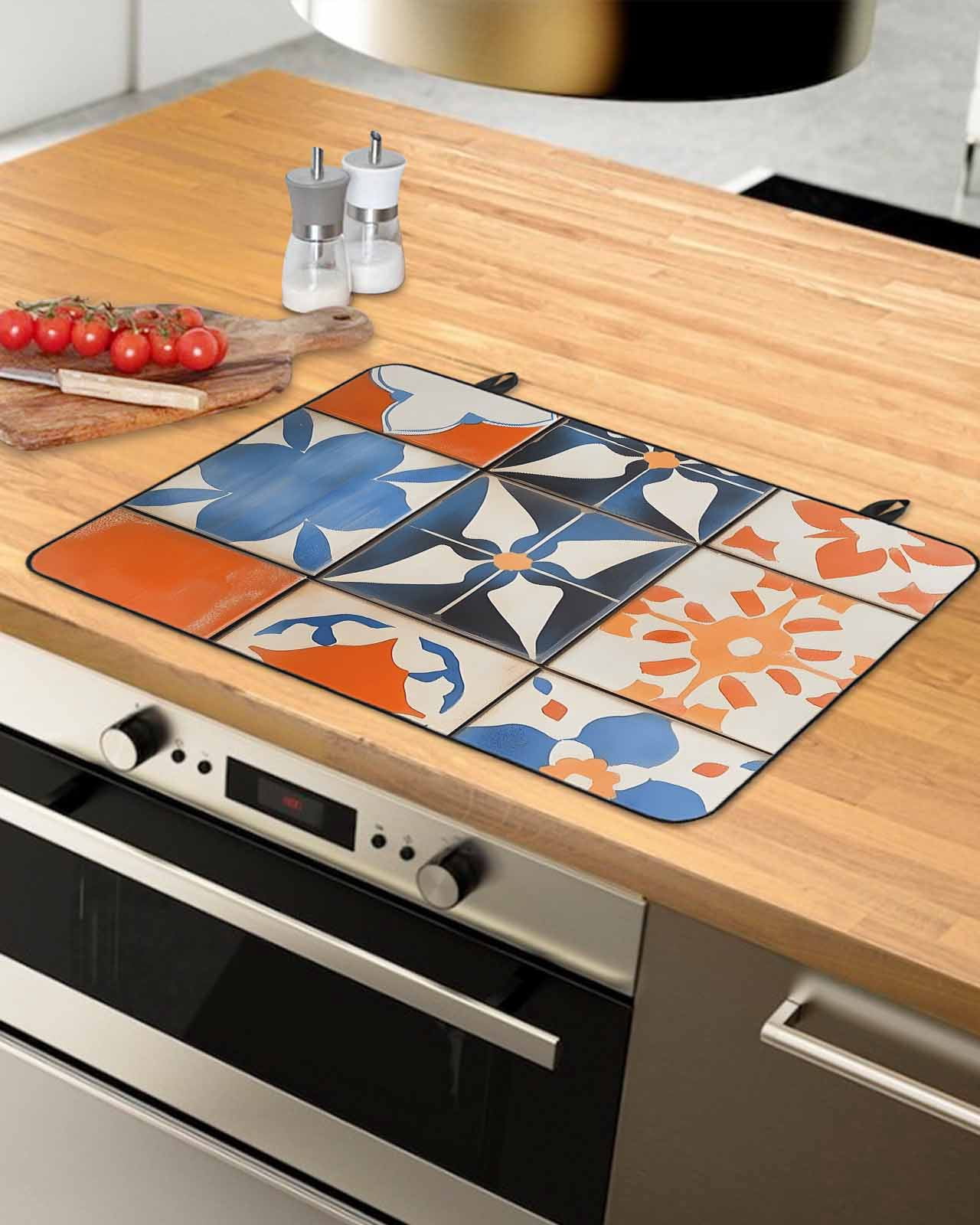 nqOlkjepod Large Induction Cooktop Protector Mat 36"x21", Orange Blue Stove Top Covers for Electric Stove, Boho Petals Flower Geometric Abstract Stove Burner Cover Mats, Glass Top Stove Cover