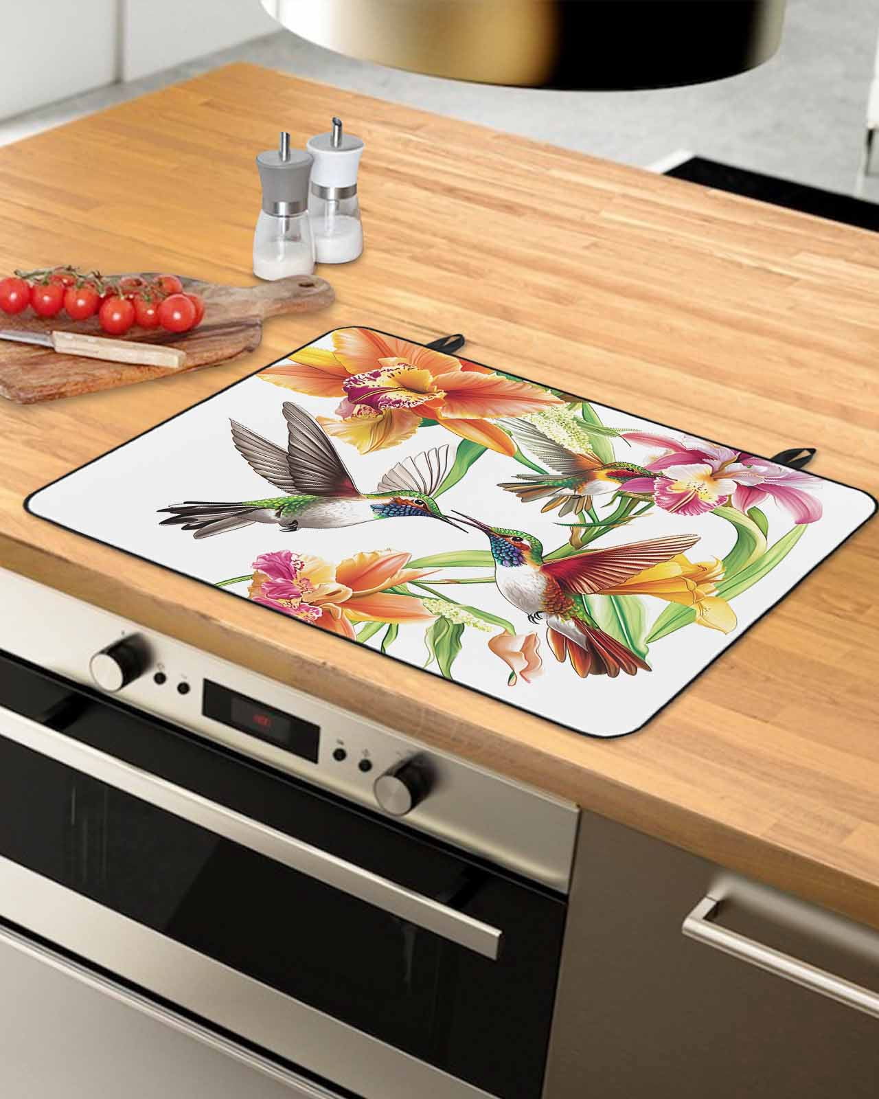 nqOlkjepod Large Induction Cooktop Protector Mat 36"x21", Orange Floral Stove Top Covers for Electric Stove, Spring Kingfisher Watercolor Retro Art Stove Burner Cover Mats, Glass Top Stove Cover