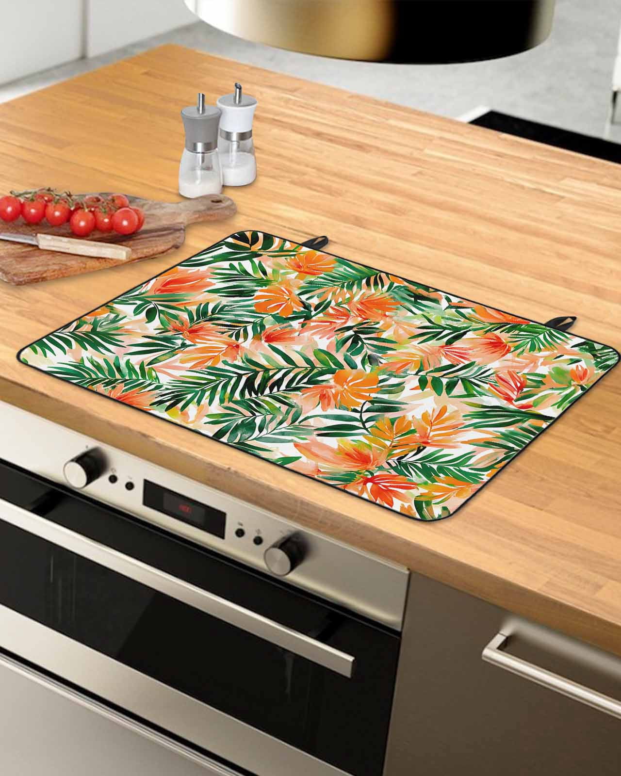 nqOlkjepod Large Induction Cooktop Protector Mat 36"x21", Orange Green Tropical Leaves Stove Top Covers for Electric Stove, Summer Palm Floral Stove Burner Cover Mats, Glass Top Stove Cover