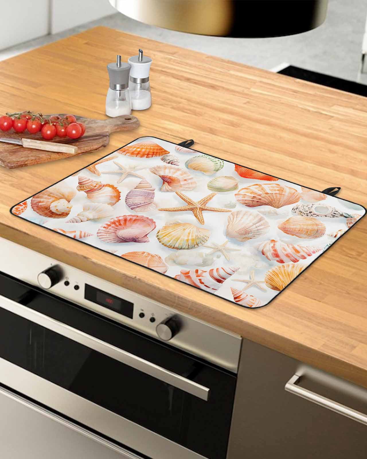 nqOlkjepod Large Induction Cooktop Protector Mat 36"x21", Orange Shells Coastal Stove Top Covers for Electric Stove, Summer Beach Starfish Watercolor Stove Burner Cover Mats, Glass Top Stove Cover