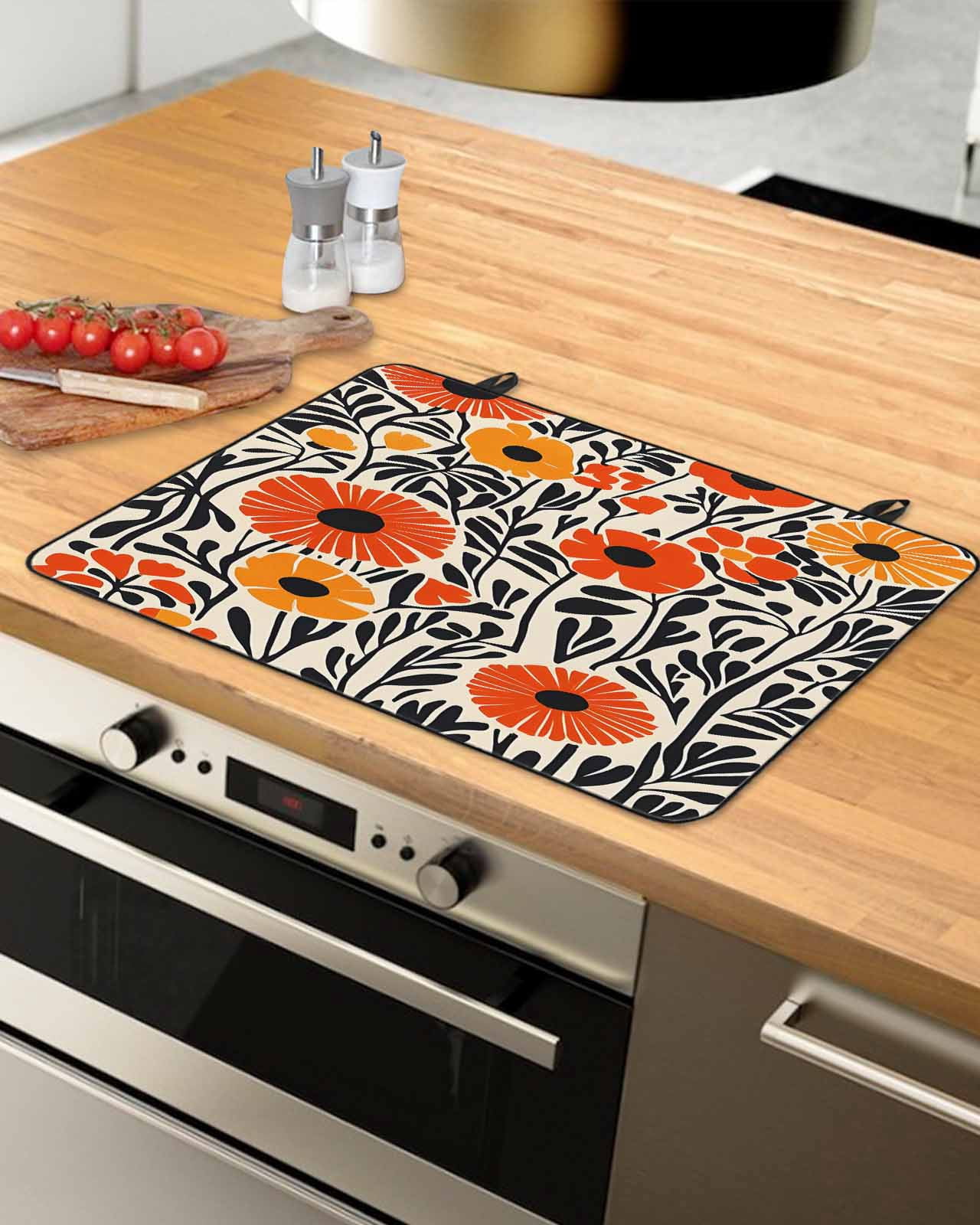 nqOlkjepod Large Induction Cooktop Protector Mat 36"x21", Orange Spring Floral Stove Top Covers for Electric Stove, Black Botanical Leaf Summer Stove Burner Cover Mats, Glass Top Stove Cover