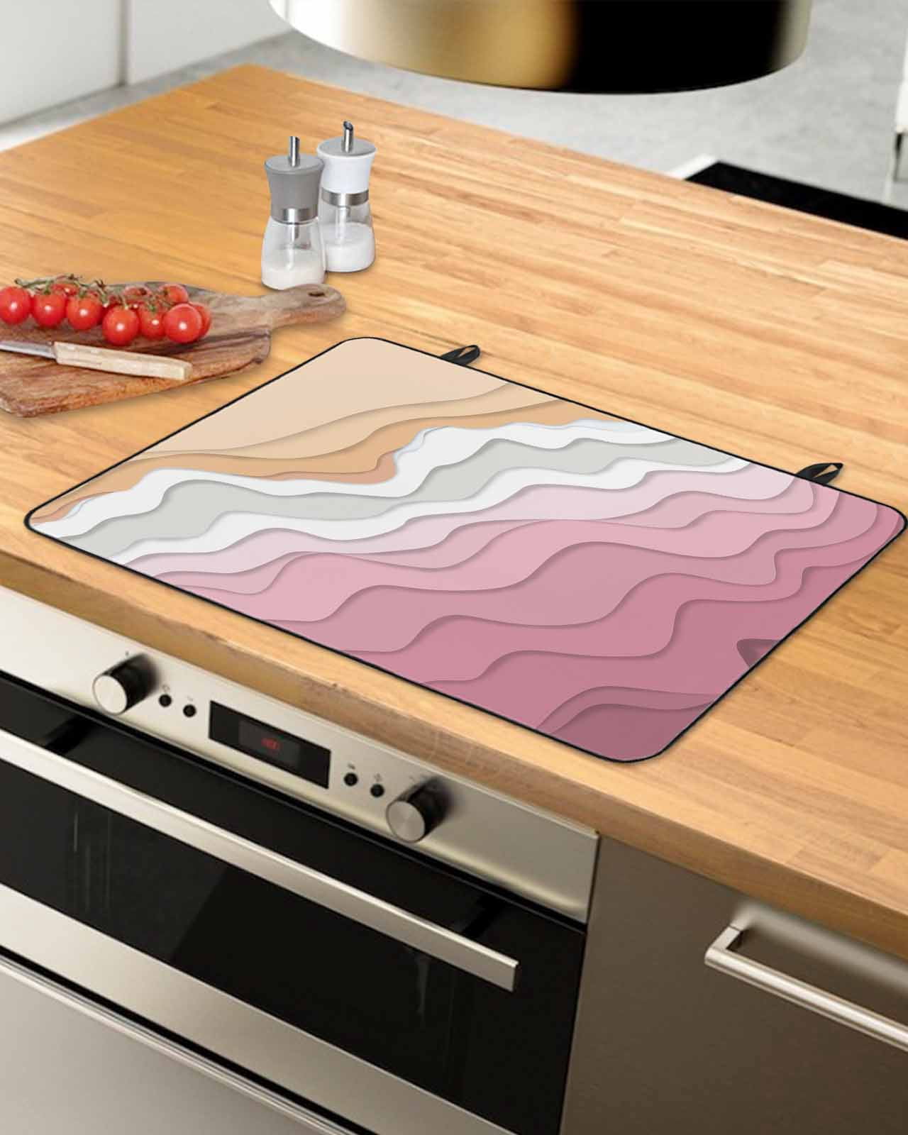 nqOlkjepod Large Induction Cooktop Protector Mat 36"x21", Pink Coastal Beach Stove Top Covers for Electric Stove, Country Romantic Simple Sea Waves Stove Burner Cover Mats, Glass Top Stove Cover