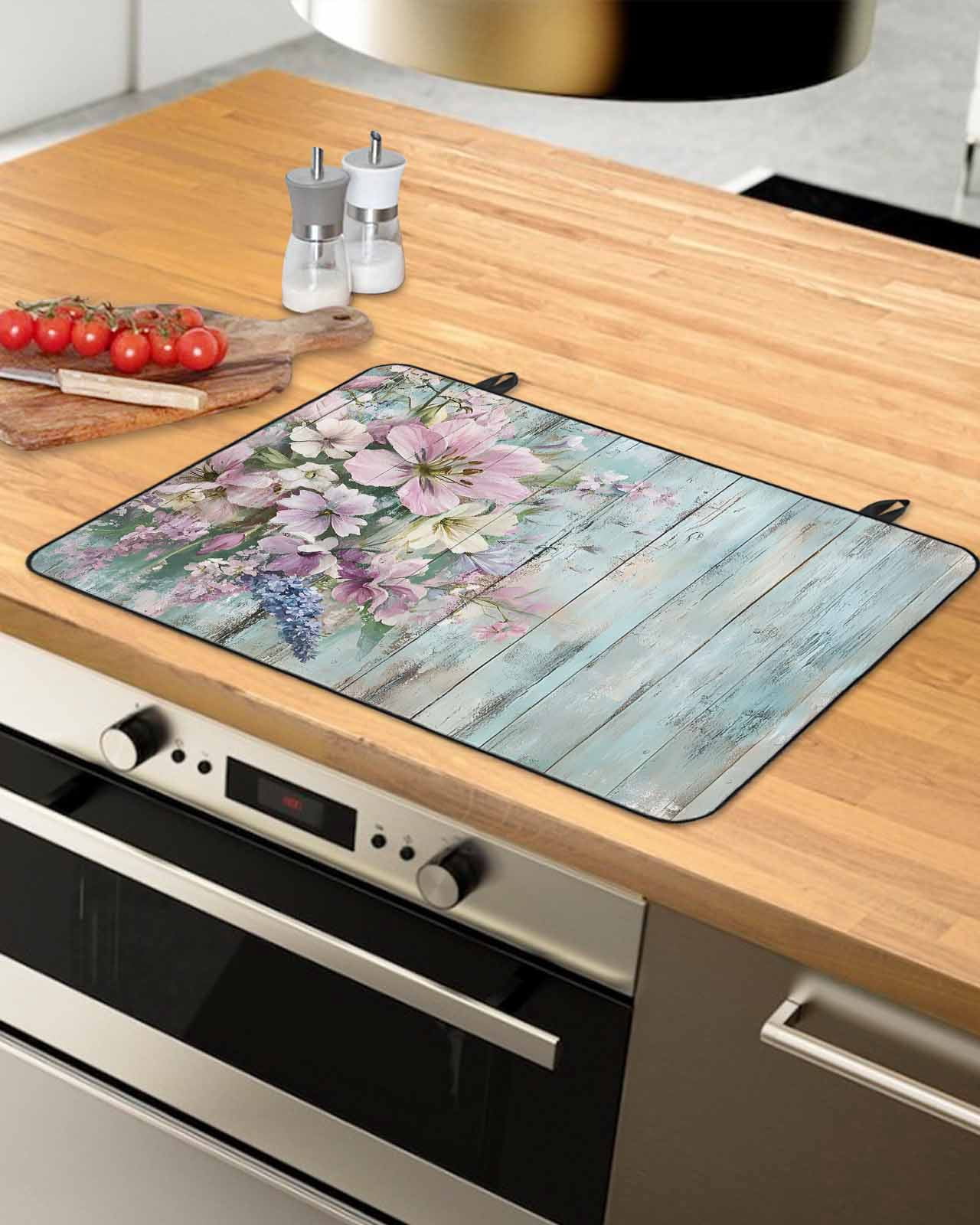 nqOlkjepod Large Induction Cooktop Protector Mat 36"x21", Pink Flower Stove Top Covers for Electric Stove, Lavender Leaves Blue Board Pastoral Retro Stove Burner Cover Mats, Glass Top Stove Cover
