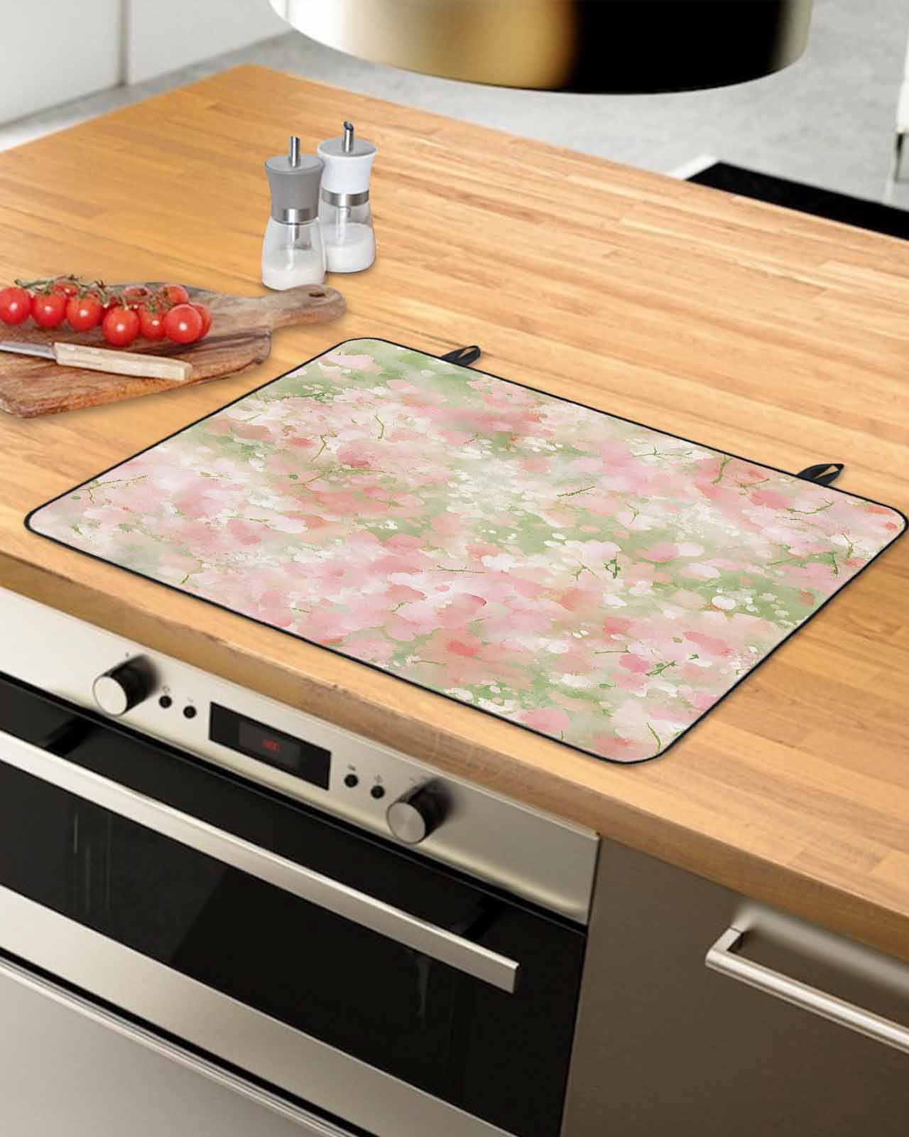 nqOlkjepod Large Induction Cooktop Protector Mat 36"x21", Pink Green Flower Stove Top Covers for Electric Stove, Watercolor Summer Botanical Decorative Stove Burner Cover Mats, Glass Top Stove Cover