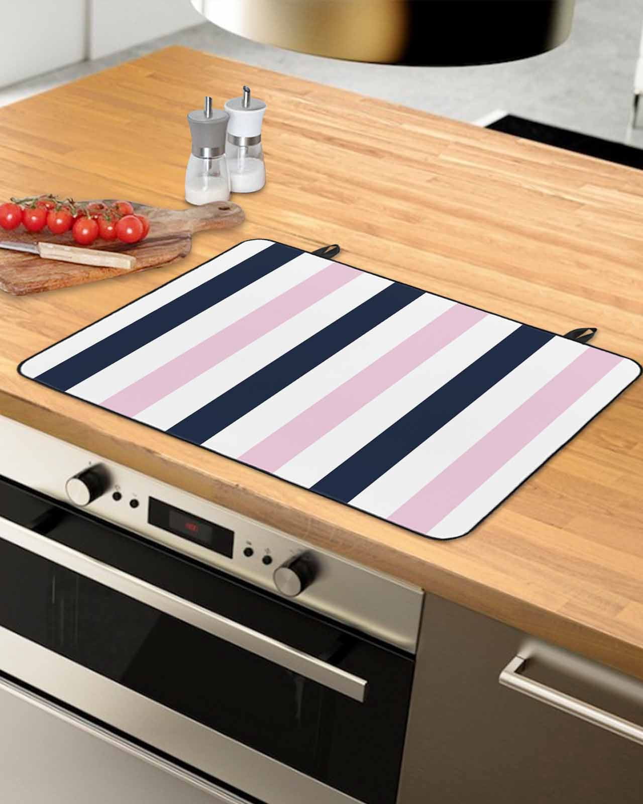 nqOlkjepod Large Induction Cooktop Protector Mat 36"x21", Pink Navy Blue Striped Stove Top Covers for Electric Stove, Farmhouse Stripe Art Decorative Stove Burner Cover Mats, Glass Top Stove Cover