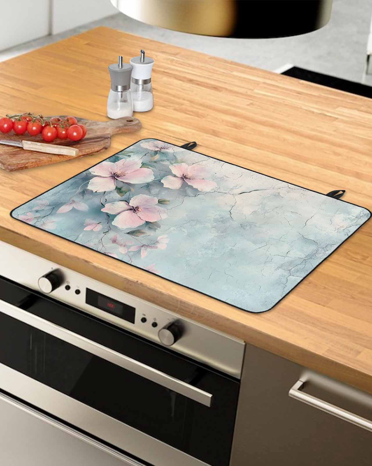 nqOlkjepod Large Induction Cooktop Protector Mat 36"x21", Pink Spring Flower Stove Top Covers for Electric Stove, Retro Blue Wall Mottled Pastoral Stove Burner Cover Mats, Glass Top Stove Cover