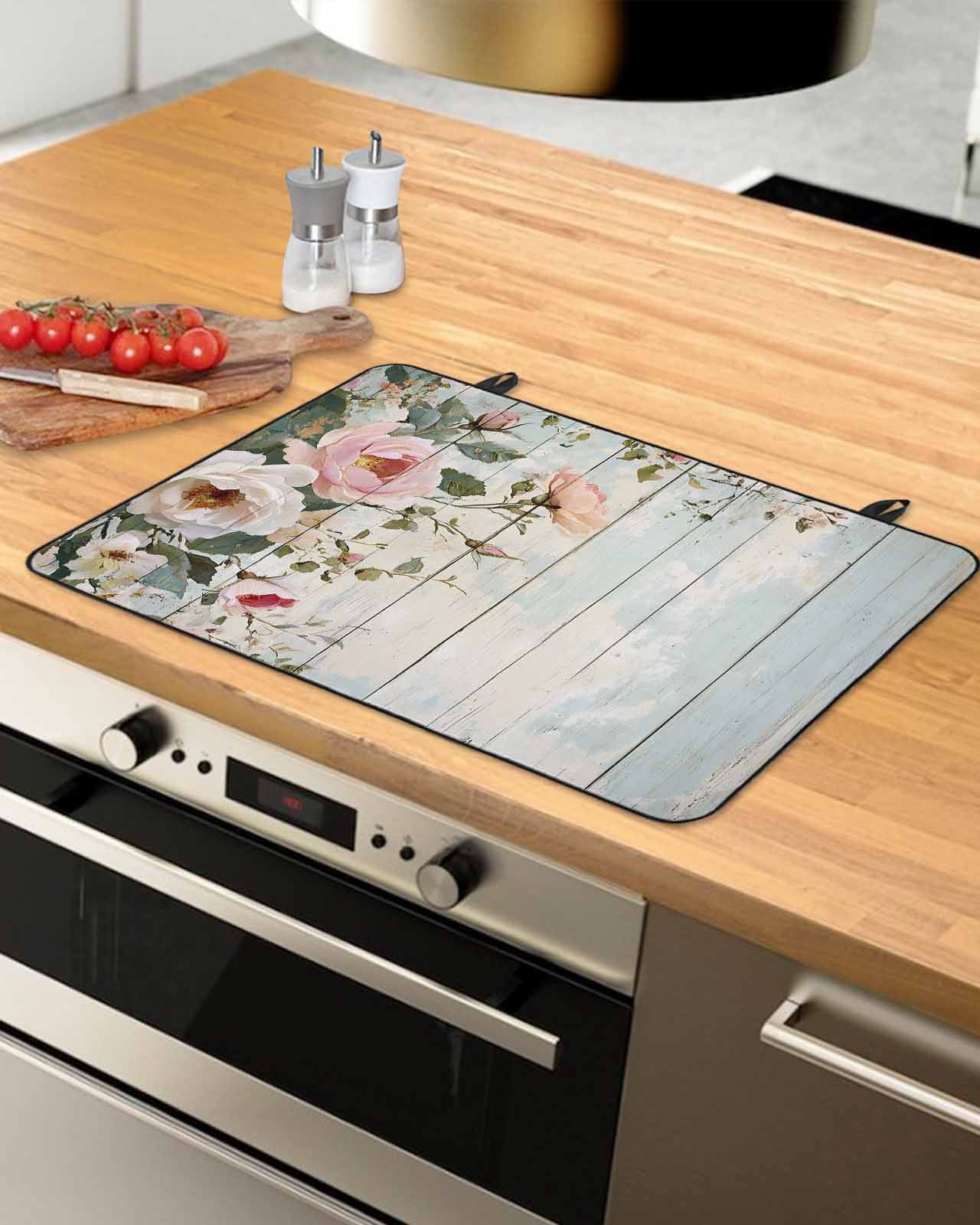 nqOlkjepod Large Induction Cooktop Protector Mat 36"x21", Pink White Floral Stove Top Covers for Electric Stove, Spring Leaves Garden Pastoral Country Stove Burner Cover Mats, Glass Top Stove Cover