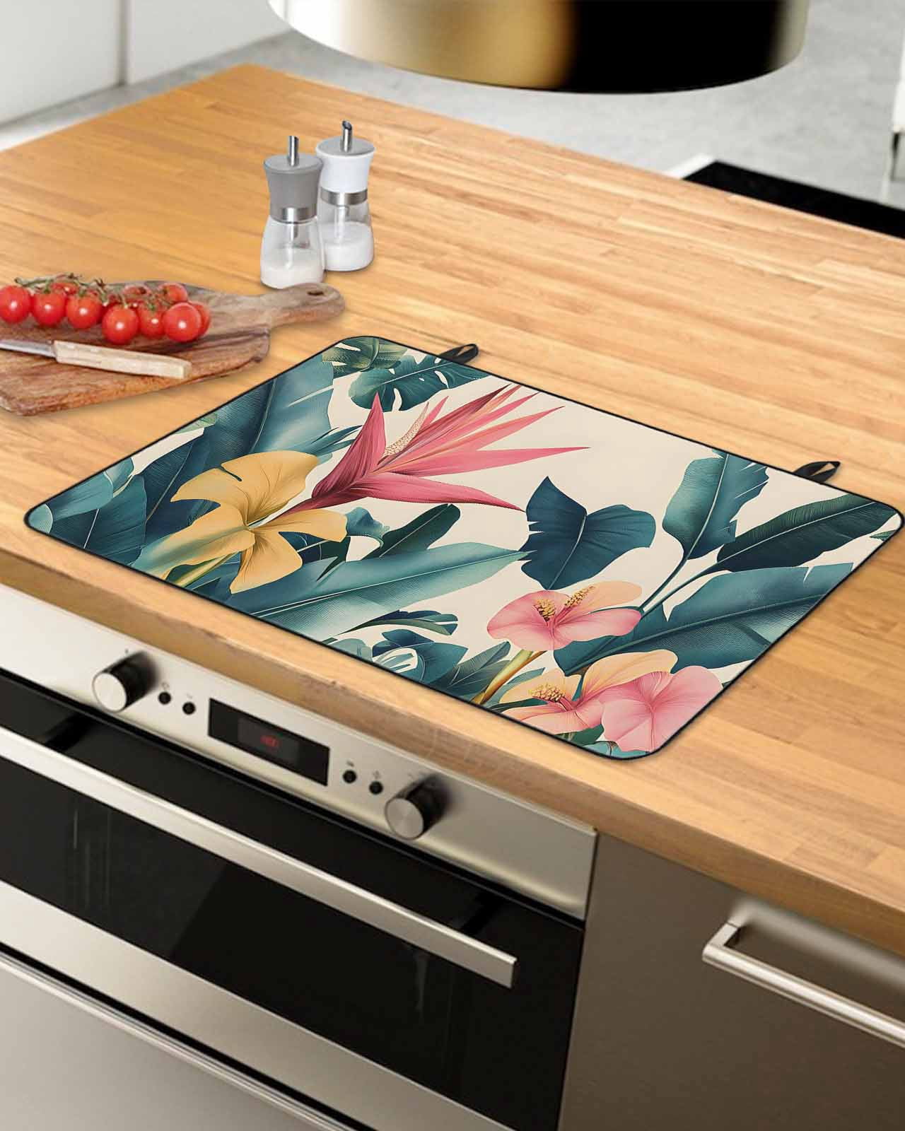 nqOlkjepod Large Induction Cooktop Protector Mat 36"x21", Pink Yellow Flowers Stove Top Covers for Electric Stove, Rustic Summer Tropical Plants Leaves Stove Burner Cover Mats, Glass Top Stove Cover