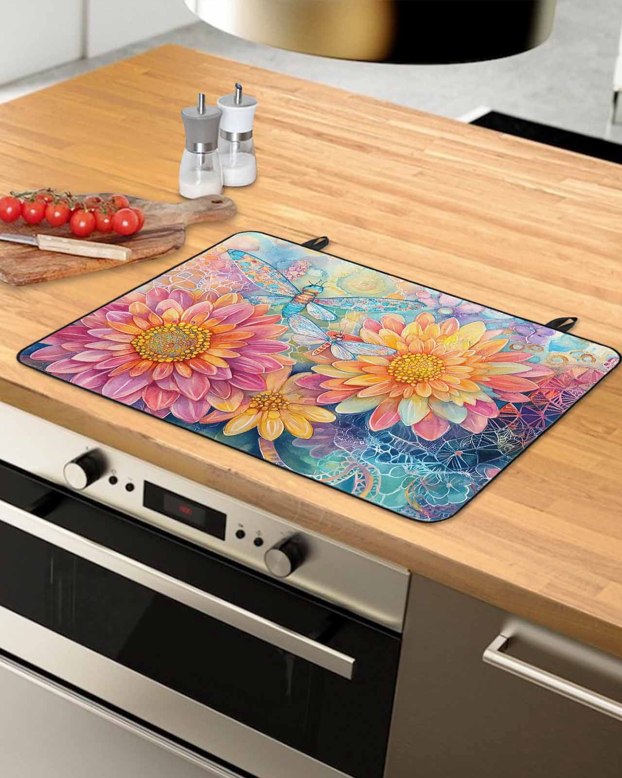 nqOlkjepod Large Induction Cooktop Protector Mat 36"x21", Pink Yellow Spring Floral Stove Top Covers for Electric Stove, Summer Flowers Dragonfly Watercolor Stove Burner Cover Mats Stove Cover