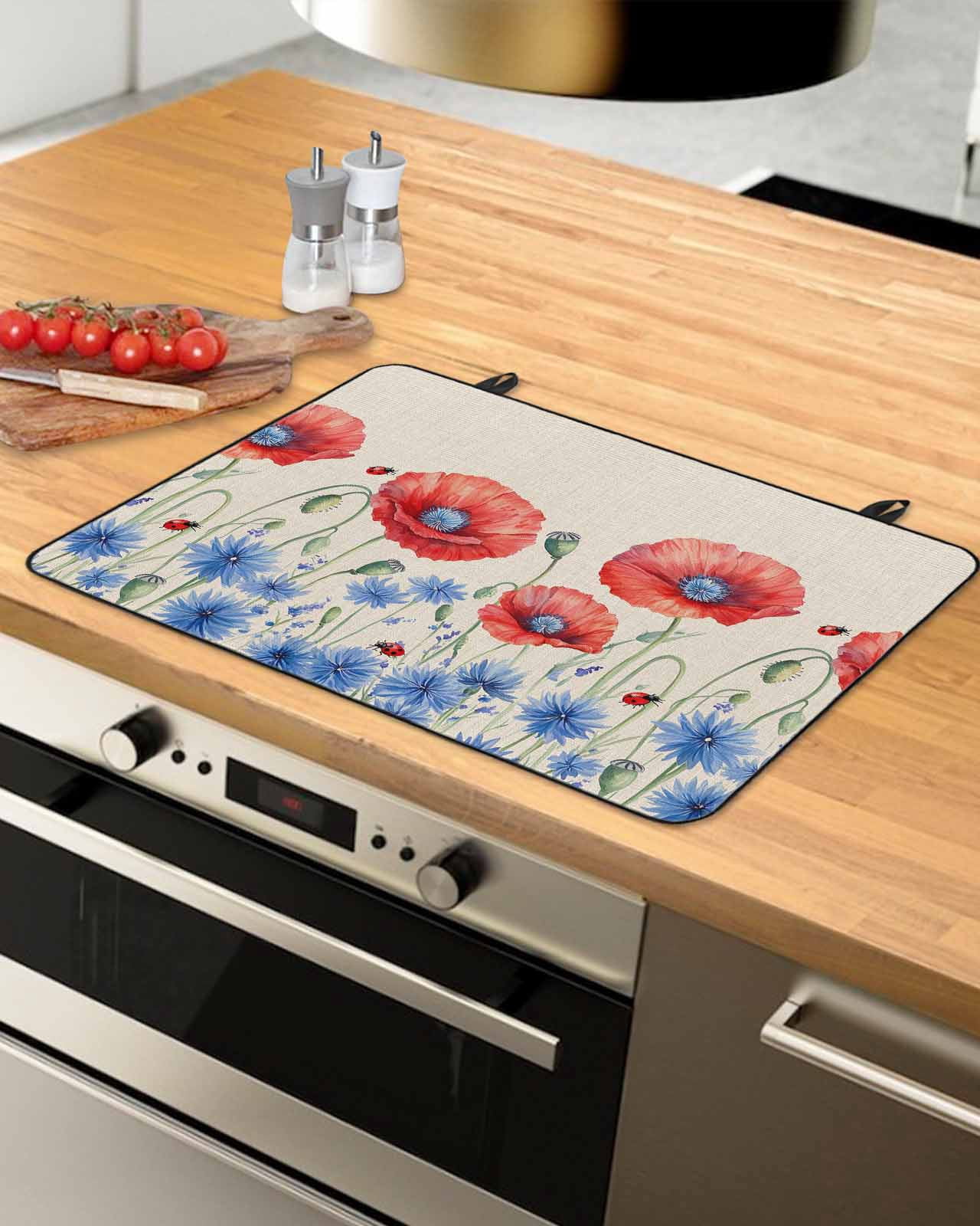 nqOlkjepod Large Induction Cooktop Protector Mat 36"x21", Poppy Flowers Stove Top Covers for Electric Stove, Red Bluel Independence Day Farmhouse Stove Burner Cover Mats, Glass Top Stove Cover