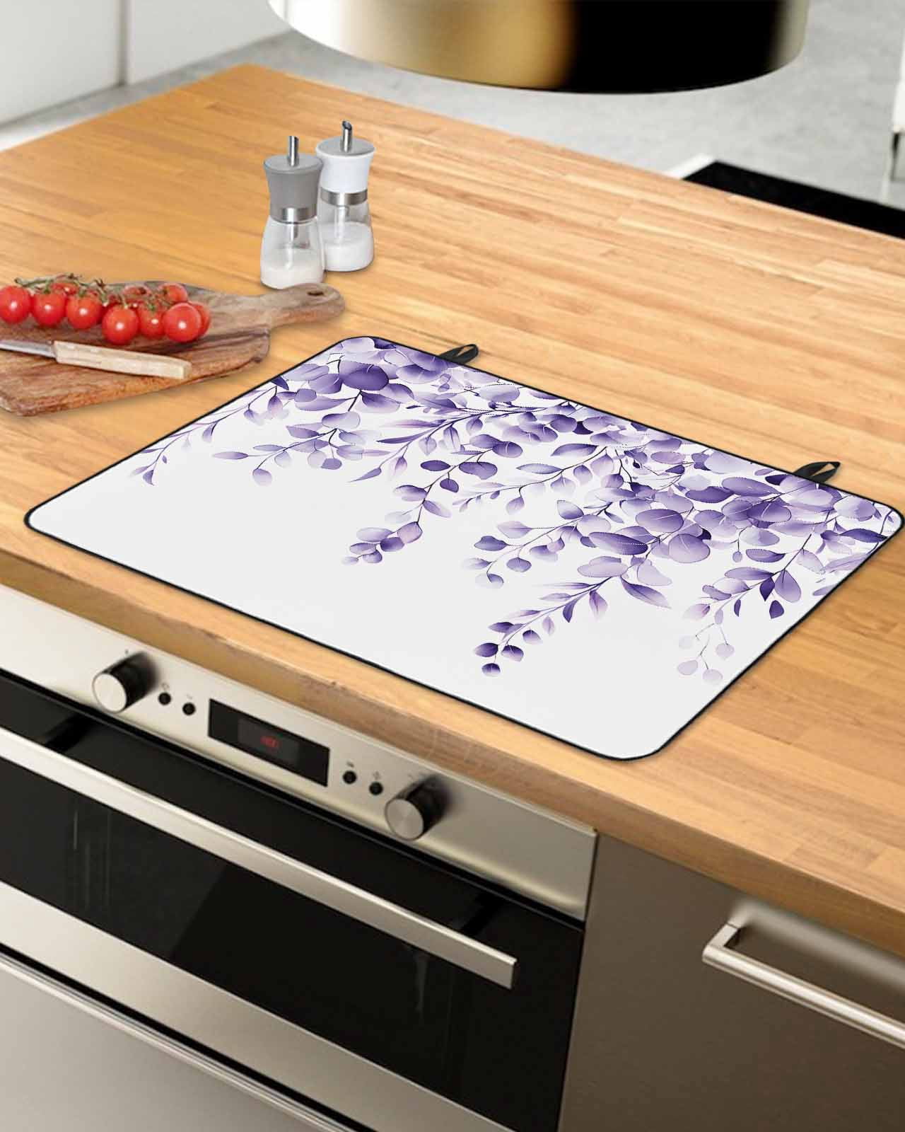 nqOlkjepod Large Induction Cooktop Protector Mat 36"x21", Purple Eucalyptus Leaves Stove Top Covers for Electric Stove, Watercolor Spring Botanical Stove Burner Cover Mats, Glass Top Stove Cover