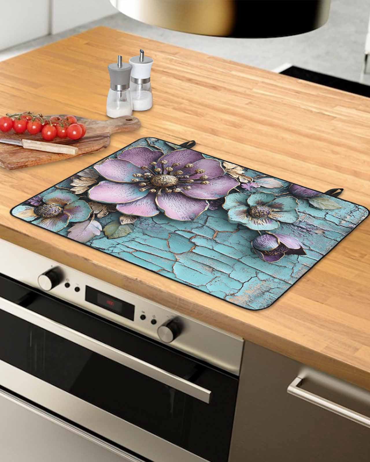 nqOlkjepod Large Induction Cooktop Protector Mat 36"x21", Purple Flowers Stove Top Covers for Electric Stove, Retro Floral Pastoral Mottled Walls Stove Burner Cover Mats, Glass Top Stove Cover