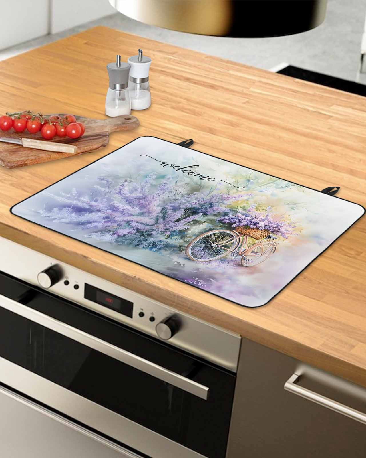 nqOlkjepod Large Induction Cooktop Protector Mat 36"x21", Purple Spring Lavender Stove Top Covers for Electric Stove, Flowers Bicycle Pastoral Farm Stove Burner Cover Mats, Glass Top Stove Cover