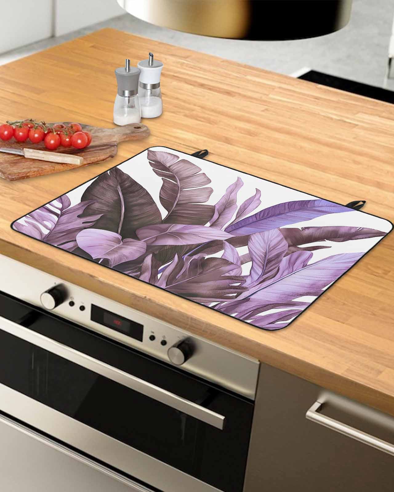 nqOlkjepod Large Induction Cooktop Protector Mat 36"x21", Purple Tropical Leaves Stove Top Covers for Electric Stove, Simple Watercolor Palm Plants Stove Burner Cover Mats, Glass Top Stove Cover