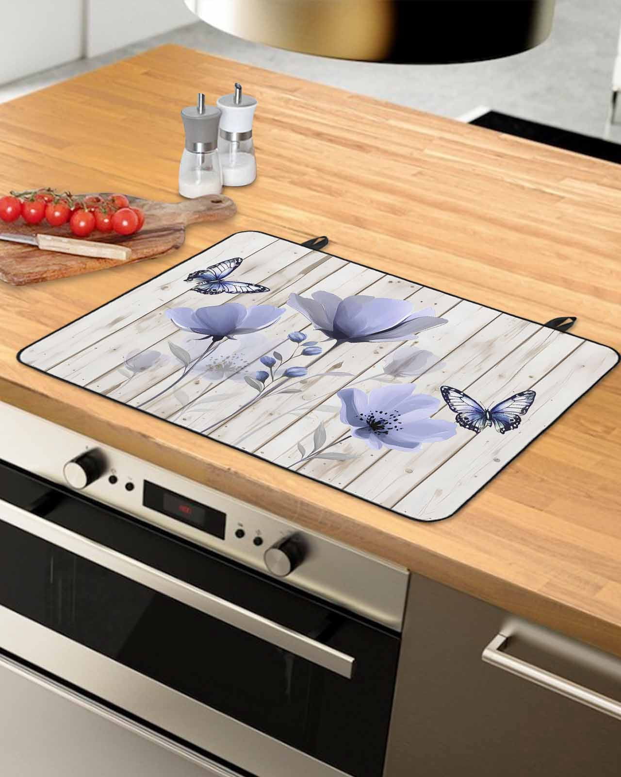 nqOlkjepod Large Induction Cooktop Protector Mat 36"x21", Purple Tulip Stove Top Covers for Electric Stove, Spring Flowers Butterfly Wooden Grain Stove Burner Cover Mats, Glass Top Stove Cover