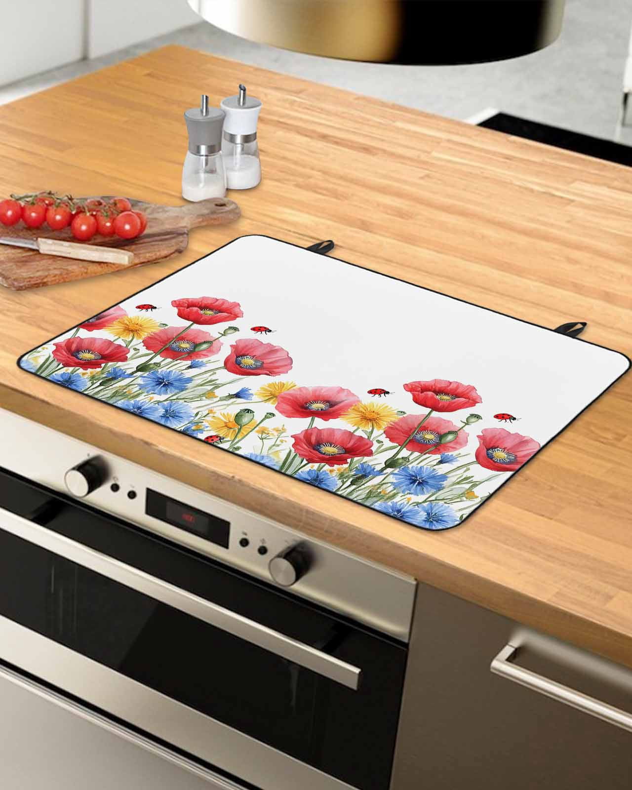 nqOlkjepod Large Induction Cooktop Protector Mat 36"x21", Red Blue Floral Stove Top Covers for Electric Stove, Independence Day Watercolor Wildflower Stove Burner Cover Mats, Glass Top Stove Cover