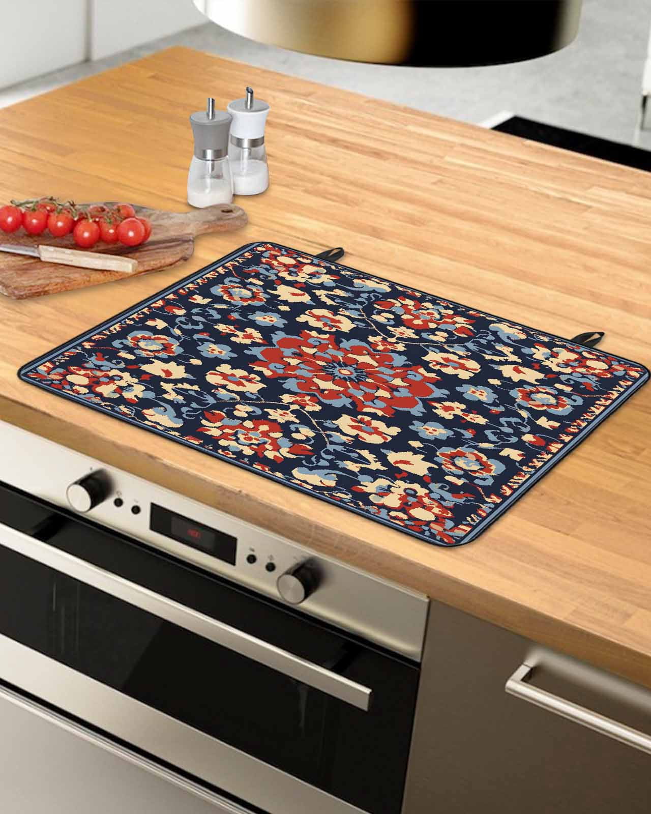 nqOlkjepod Large Induction Cooktop Protector Mat 36"x21", Red Blue Geometric Stove Top Covers for Electric Stove, Ethnic Vintage Southwest Floral Stove Burner Cover Mats, Glass Top Stove Cover