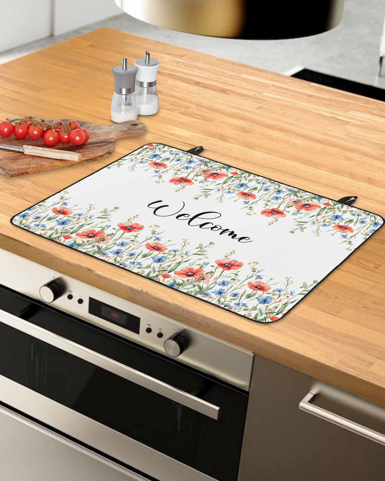 nqOlkjepod Large Induction Cooktop Protector Mat 36"x21", Red Blue Spring Floral Stove Top Covers for Electric Stove, Pastoral Botanical Welcome Stove Burner Cover Mats, Glass Top Stove Cover