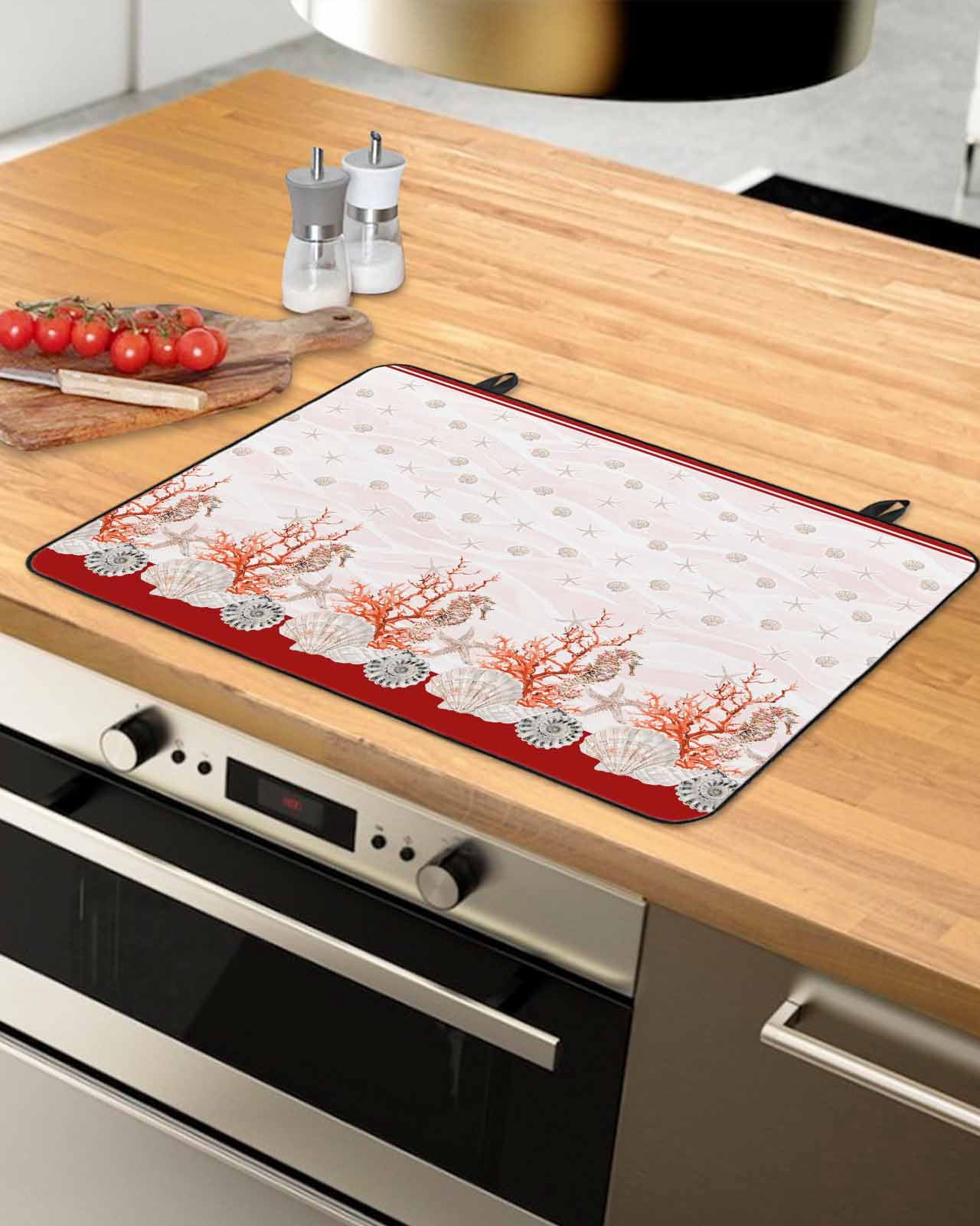 nqOlkjepod Large Induction Cooktop Protector Mat 36"x21", Red Coastal Shell Stove Top Covers for Electric Stove, Nautical Seahorse Coral Stripes Stove Burner Cover Mats, Glass Top Stove Cover