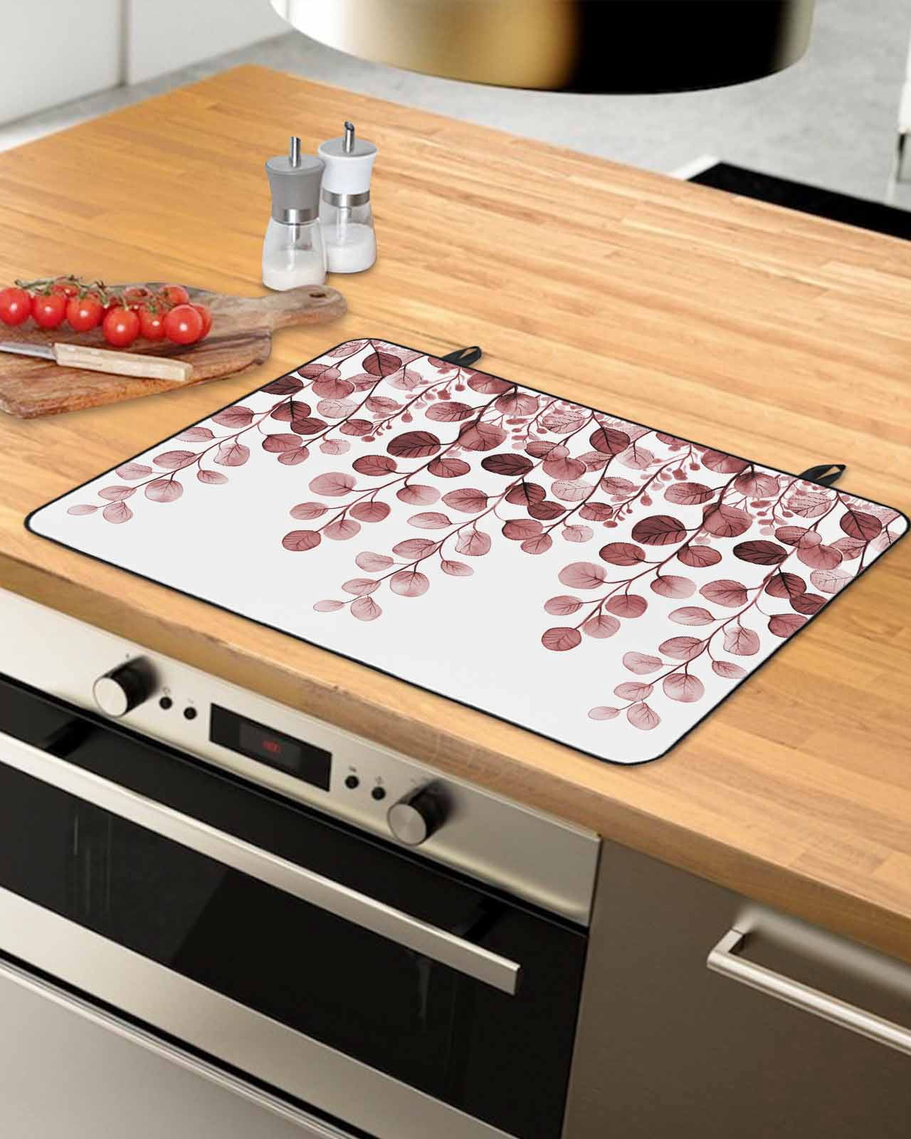 nqOlkjepod Large Induction Cooktop Protector Mat 36"x21", Red Eucalyptus Leaves Stove Top Covers for Electric Stove, Watercolor Floral Leaf Plants Stove Burner Cover Mats, Glass Top Stove Cover