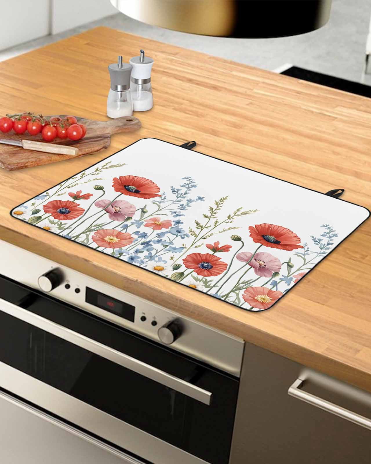 nqOlkjepod Large Induction Cooktop Protector Mat 36"x21", Red Flower Stove Top Covers for Electric Stove, Botanical Blue Plant Pink Garden Poppy Floral Stove Burner Cover Mats, Glass Top Stove Cover