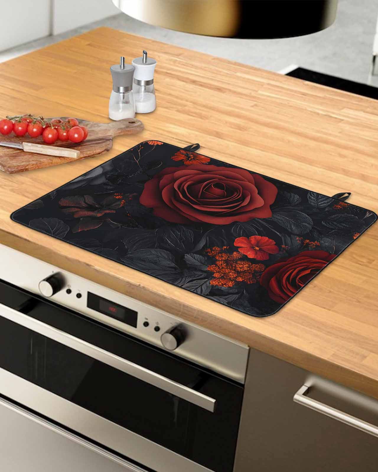 nqOlkjepod Large Induction Cooktop Protector Mat 36"x21", Red Orange Roses Stove Top Covers for Electric Stove, Elegant Romantic Flowers Pastoral Stove Burner Cover Mats, Glass Top Stove Cover