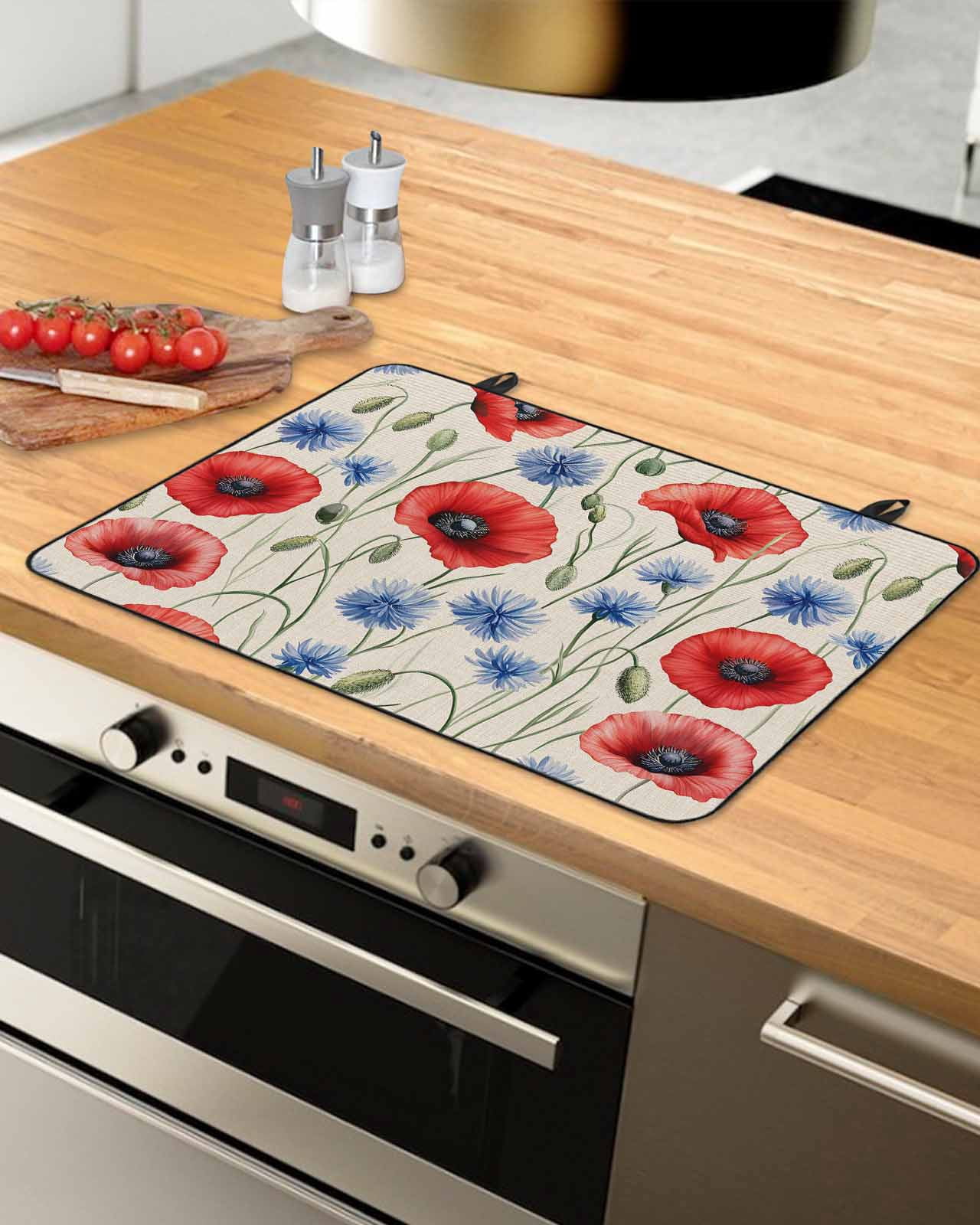 nqOlkjepod Large Induction Cooktop Protector Mat 36"x21", Red Poppy Flower Stove Top Covers for Electric Stove, Blue Daisy Floral Patriotic 4th of July Stove Burner Cover Mats, Glass Top Stove Cover