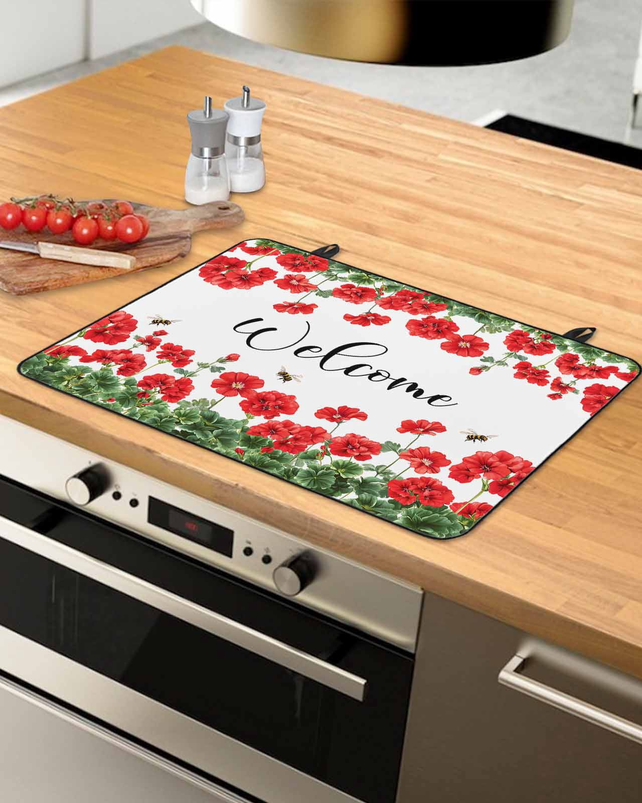 nqOlkjepod Large Induction Cooktop Protector Mat 36"x21", Red Spring Floral Stove Top Covers for Electric Stove, Welcome Green Botanical Watercolor Stove Burner Cover Mats, Glass Top Stove Cover