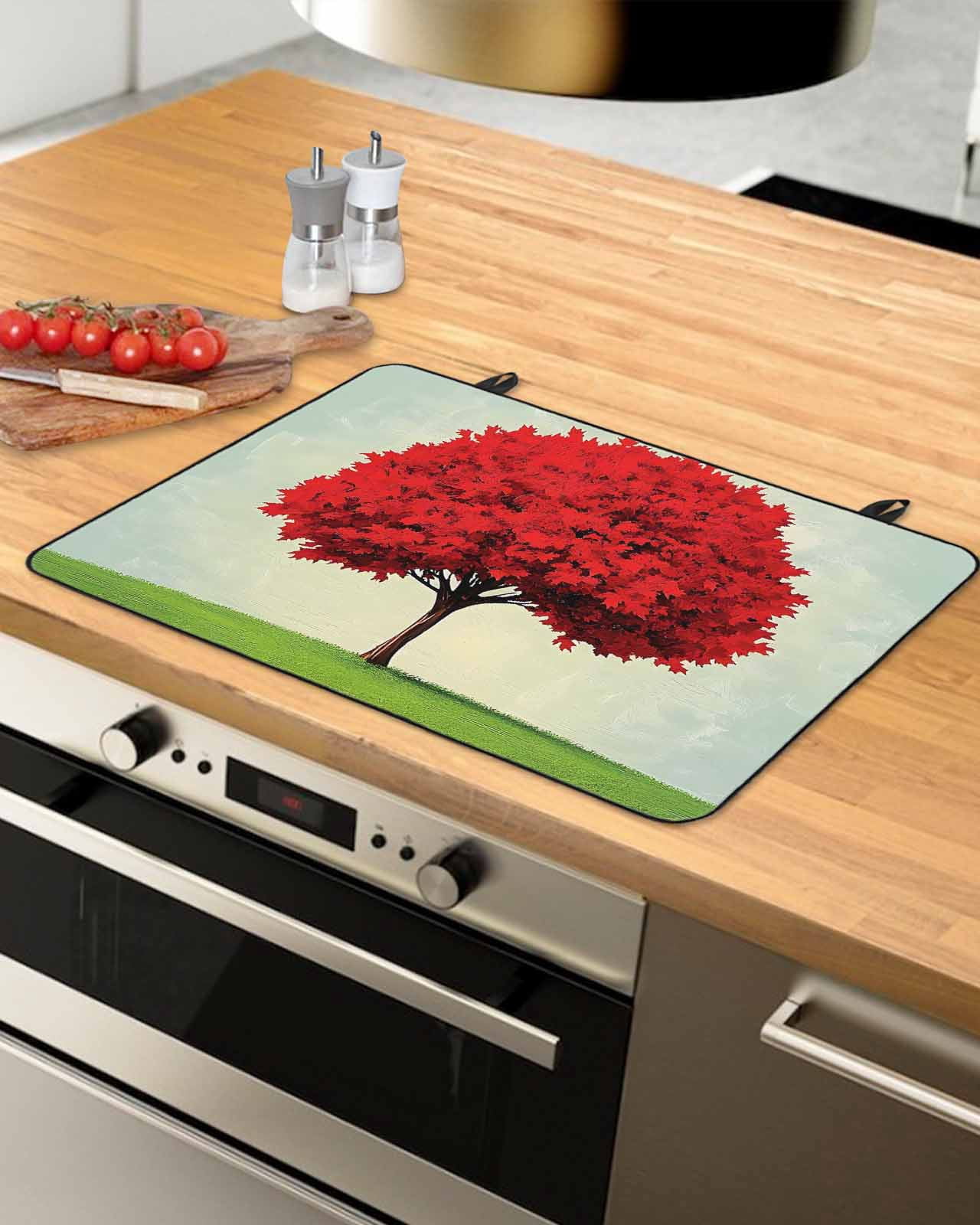 nqOlkjepod Large Induction Cooktop Protector Mat 36"x21", Red Tree Stove Top Covers for Electric Stove, Green Grass Gradient Sky Watercolor Decorative Stove Burner Cover Mats, Glass Top Stove Cover