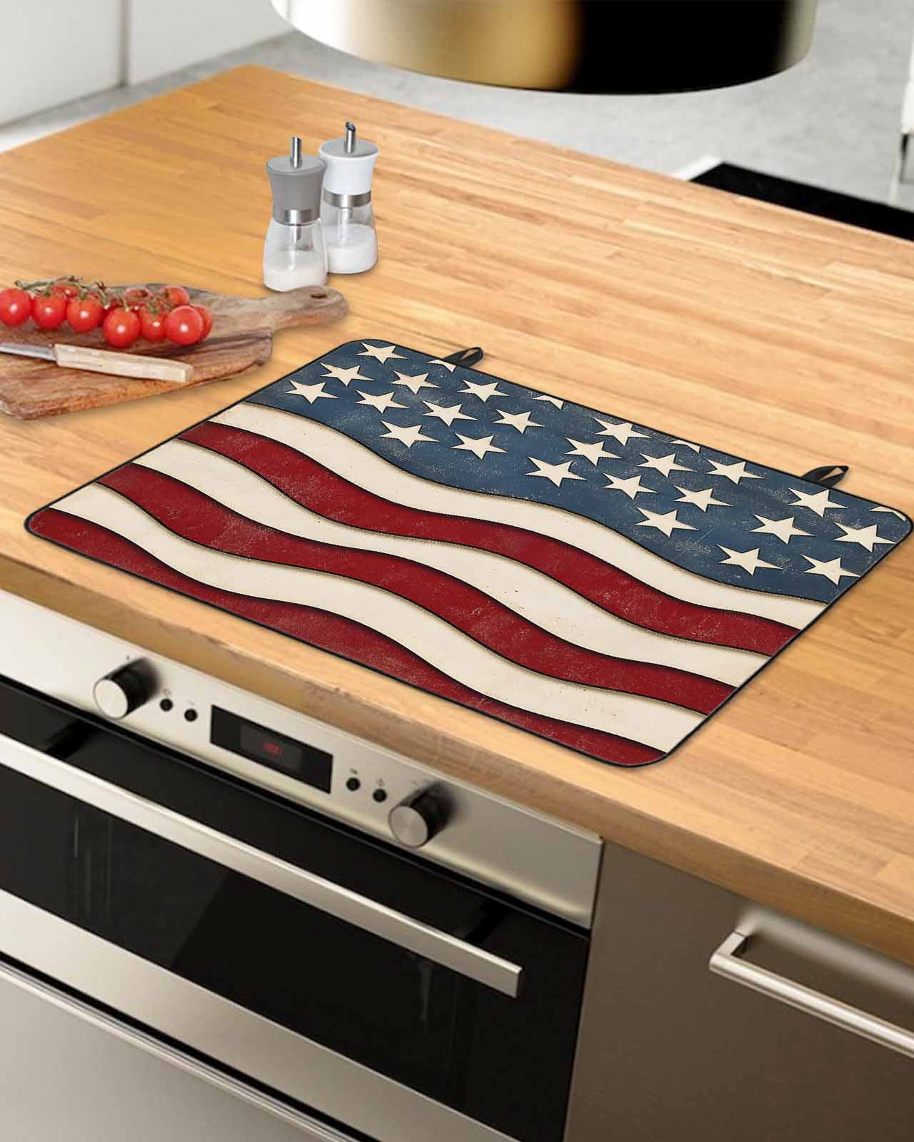 nqOlkjepod Large Induction Cooktop Protector Mat 36"x21", Retro American Flag Stove Top Covers for Electric Stove, White Star Red Blue US Flag Stove Burner Cover Mats, Glass Top Stove Cover