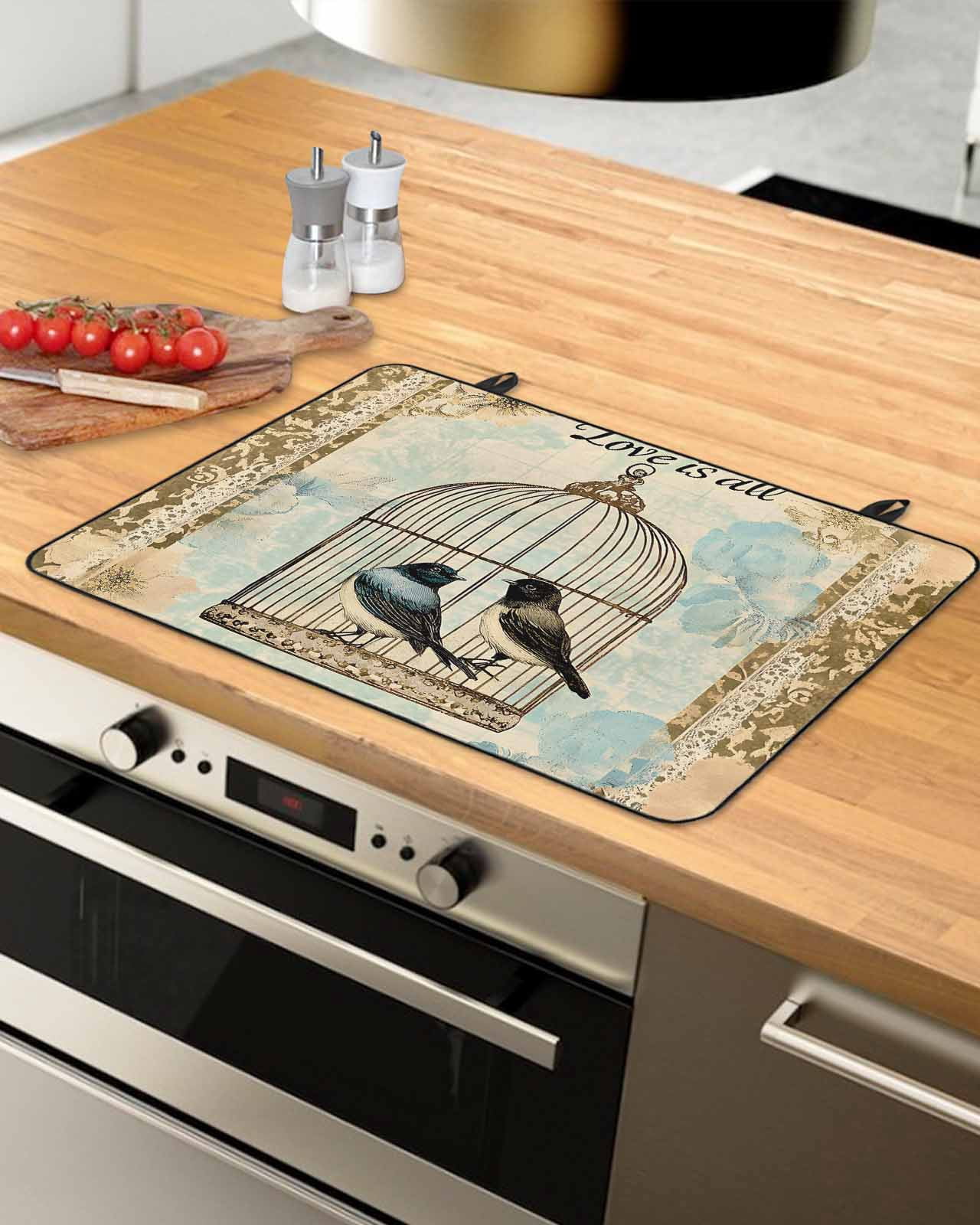 nqOlkjepod Large Induction Cooktop Protector Mat 36"x21", Retro Birds Cage Stove Top Covers for Electric Stove, Watercolor Floral Pattern Decorative Stove Burner Cover Mats, Glass Top Stove Cover