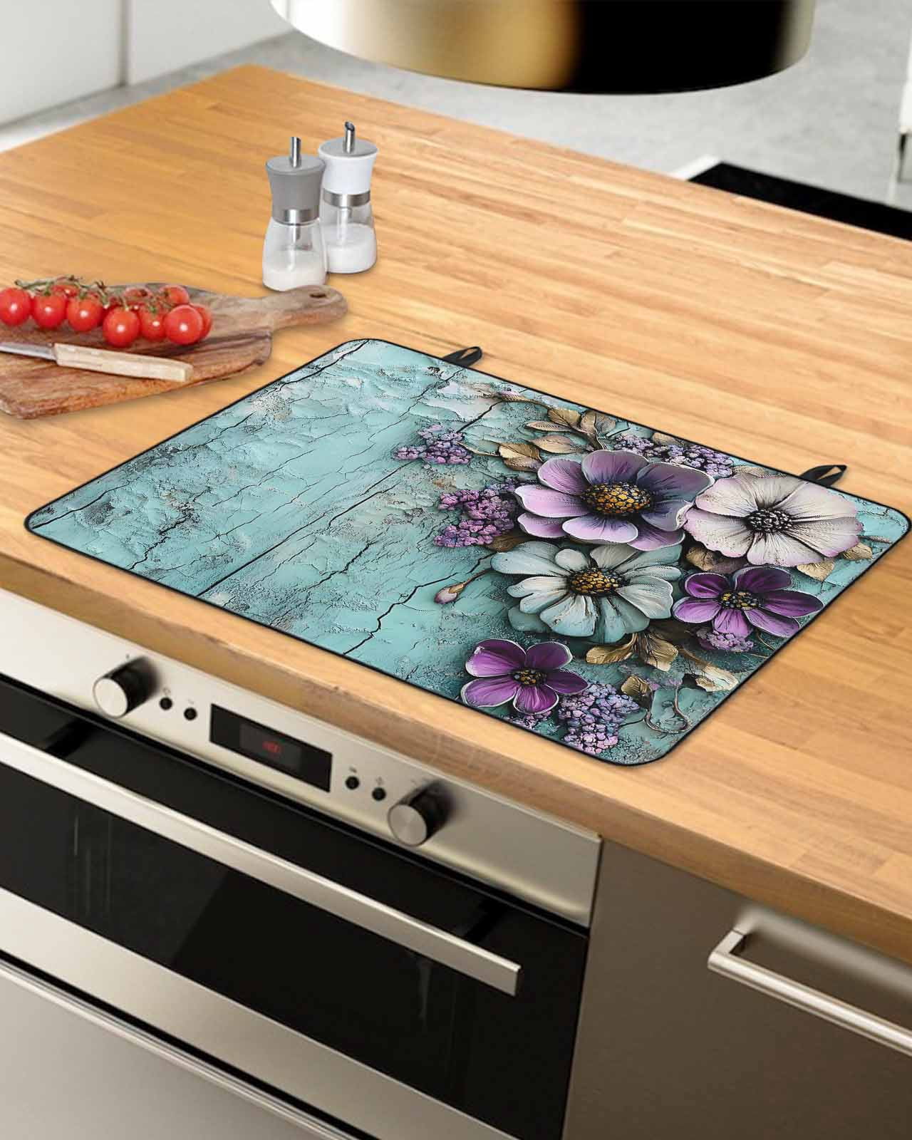 nqOlkjepod Large Induction Cooktop Protector Mat 36"x21", Retro Flower Stove Top Covers for Electric Stove, Blue Walls Mottled Vintage Country Farm Stove Burner Cover Mats, Glass Top Stove Cover
