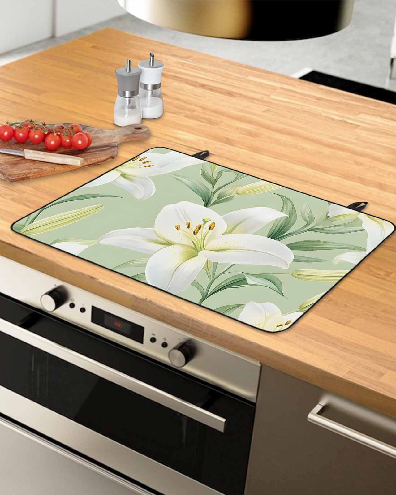 nqOlkjepod Large Induction Cooktop Protector Mat 36"x21", Sage Green Flowers Stove Top Covers for Electric Stove, Spring Floral Botanical Watercolor Stove Burner Cover Mats, Glass Top Stove Cover