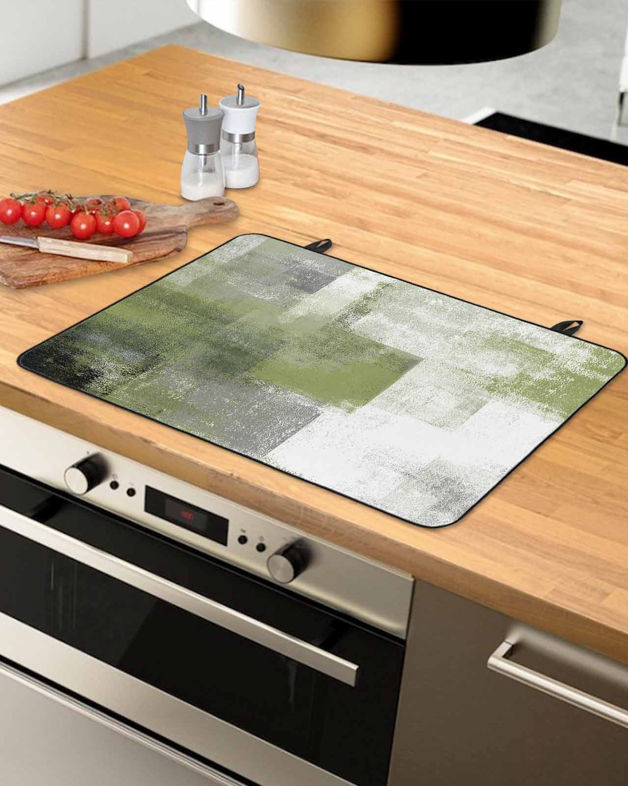 nqOlkjepod Large Induction Cooktop Protector Mat 36"x21", Sage Green Ombre Stove Top Covers for Electric Stove, Vintage Shabby Abstract Plaid Art Stove Burner Cover Mats, Glass Top Stove Cover