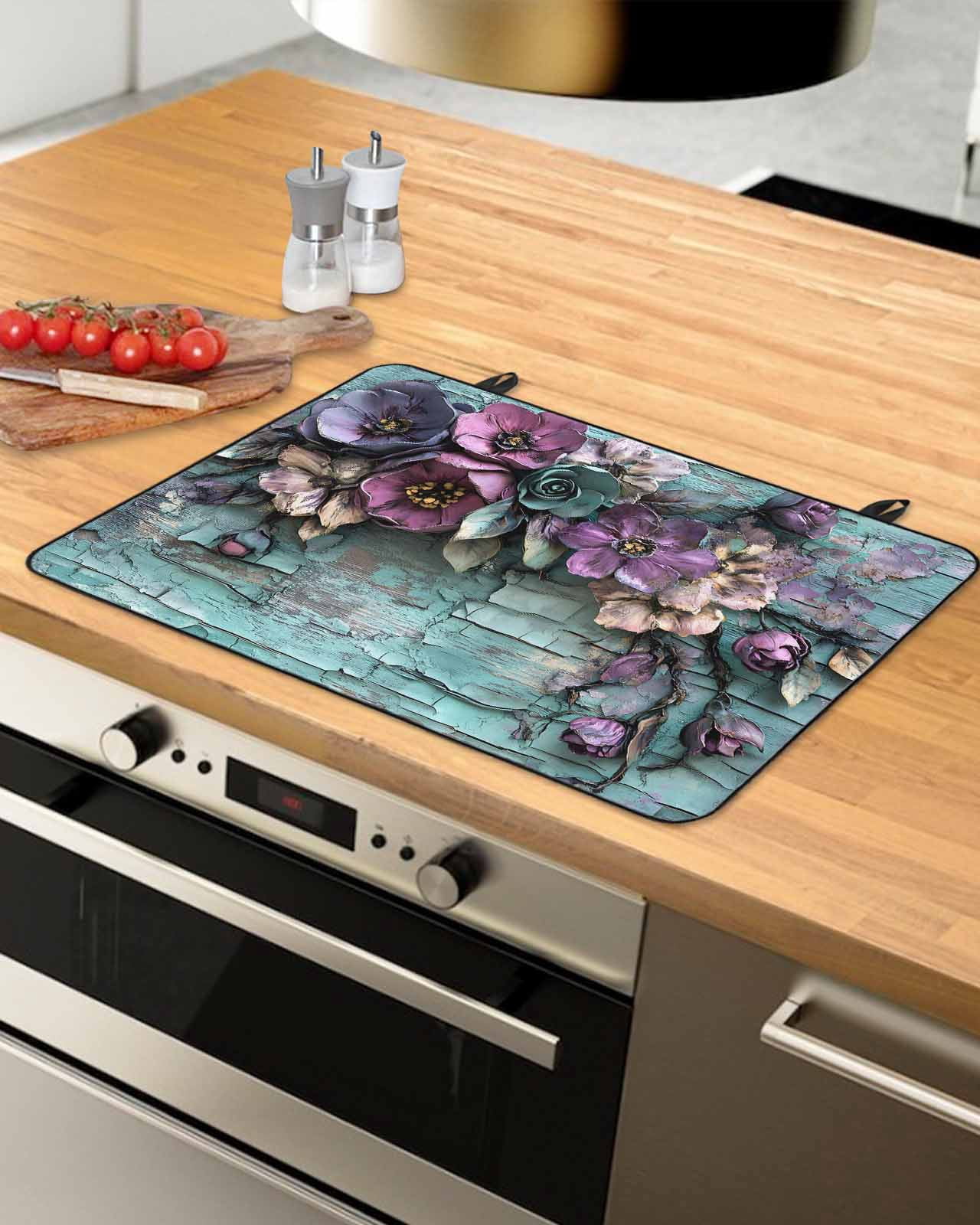 nqOlkjepod Large Induction Cooktop Protector Mat 36"x21", Spring Floral Stove Top Covers for Electric Stove, Blue Mottled Walls Vintage Garden Pastoral Stove Burner Cover Mats, Glass Top Stove Cover