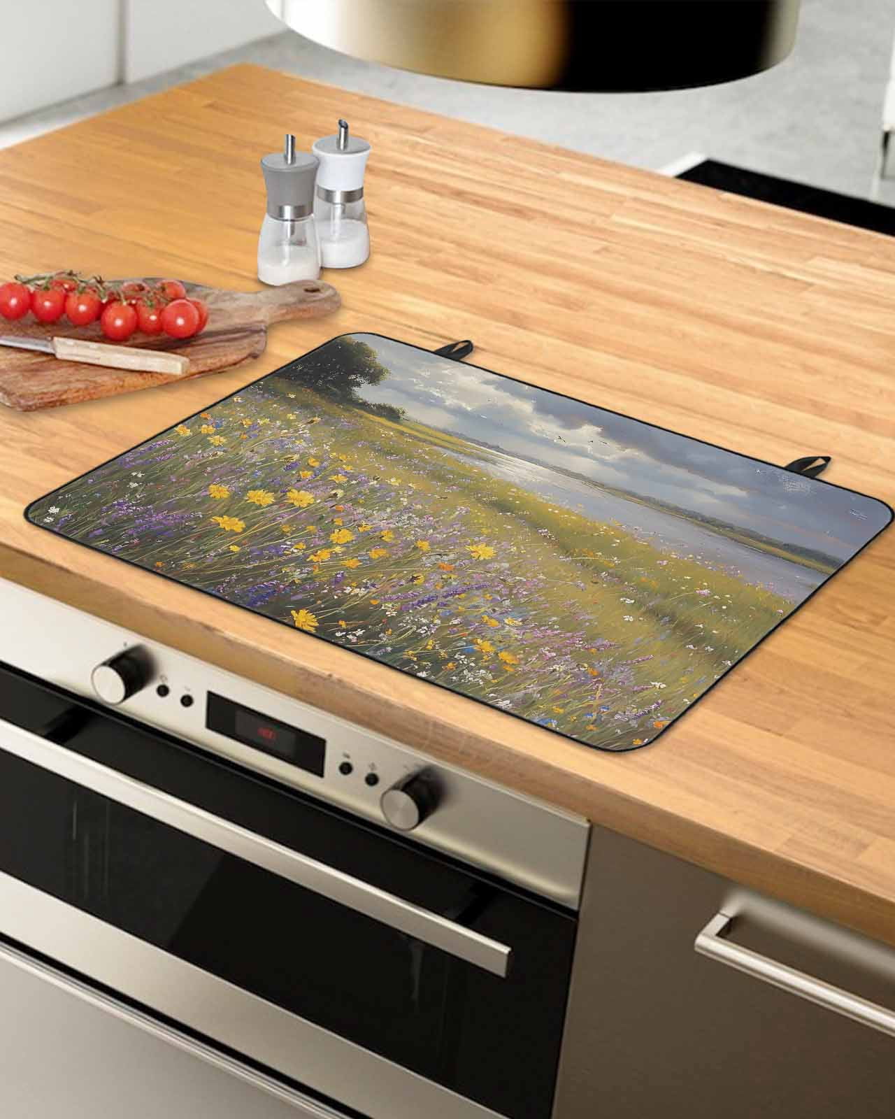 nqOlkjepod Large Induction Cooktop Protector Mat 36"x21", Spring Floral Stove Top Covers for Electric Stove, Modern Oil Painting Summer Botanical Pastoral Stove Burner Cover Mats Stove Cover