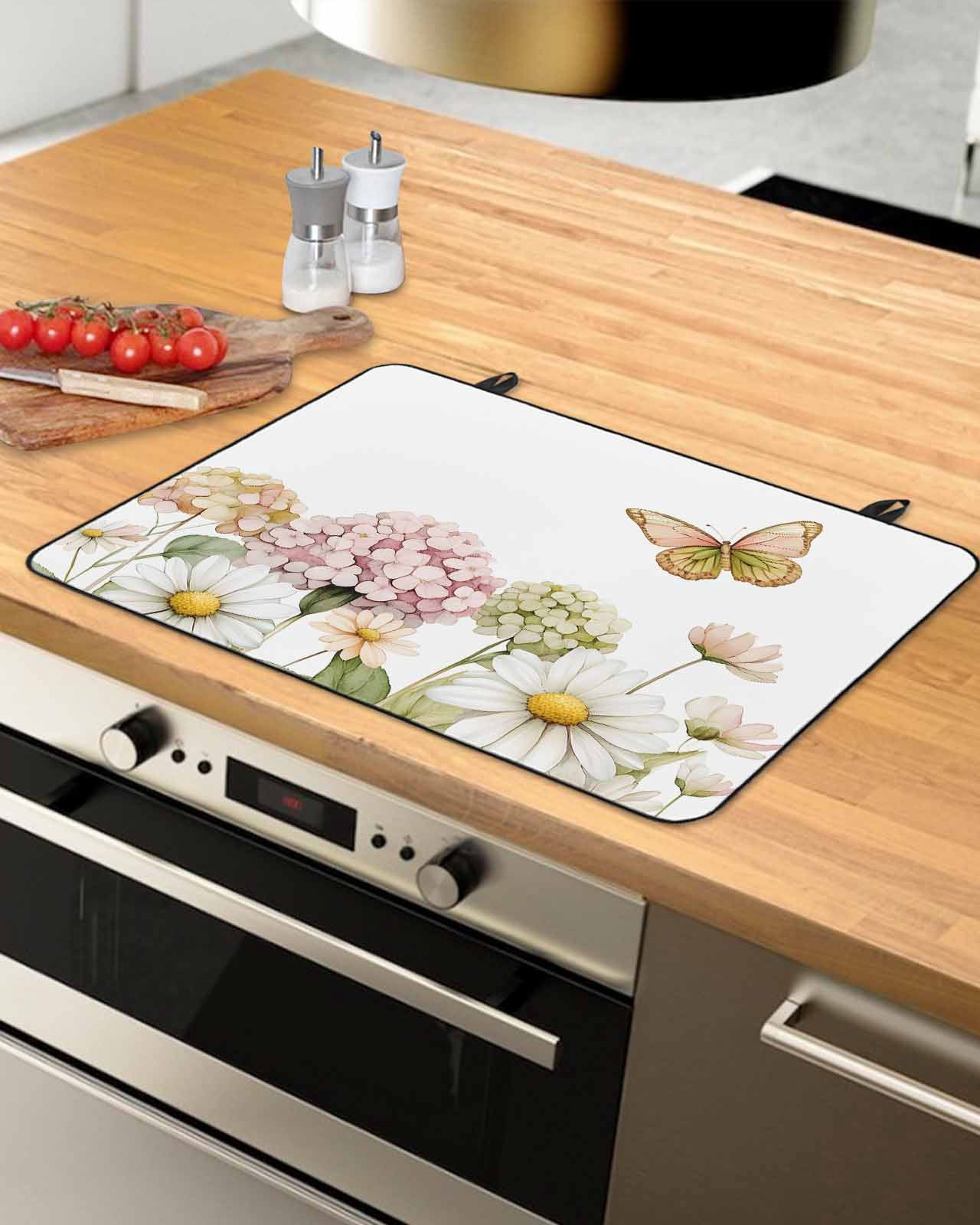nqOlkjepod Large Induction Cooktop Protector Mat 36"x21", Spring Floral Stove Top Covers for Electric Stove, Pastoral Flower Summer Botanical White Stove Burner Cover Mats, Glass Top Stove Cover