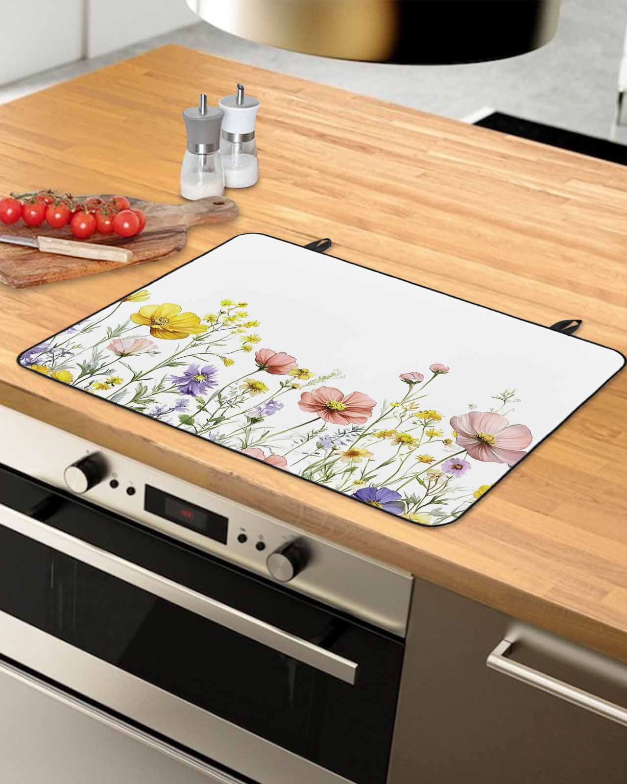 nqOlkjepod Large Induction Cooktop Protector Mat 36"x21", Spring Floral Stove Top Covers for Electric Stove, Pink Yellow Flowers Pastoral Elegant Stove Burner Cover Mats, Glass Top Stove Cover