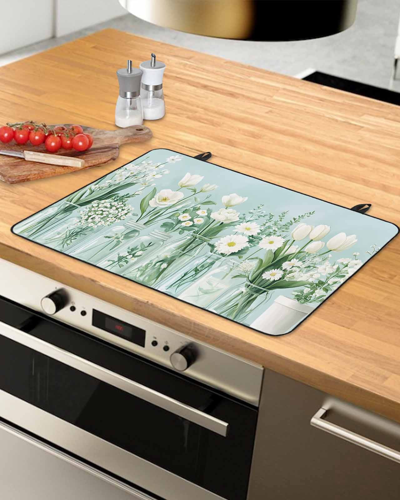 nqOlkjepod Large Induction Cooktop Protector Mat 36"x21", Spring Floral Stove Top Covers for Electric Stove, Summer Daisy Tulip Flowers Teal White Stove Burner Cover Mats, Glass Top Stove Cover
