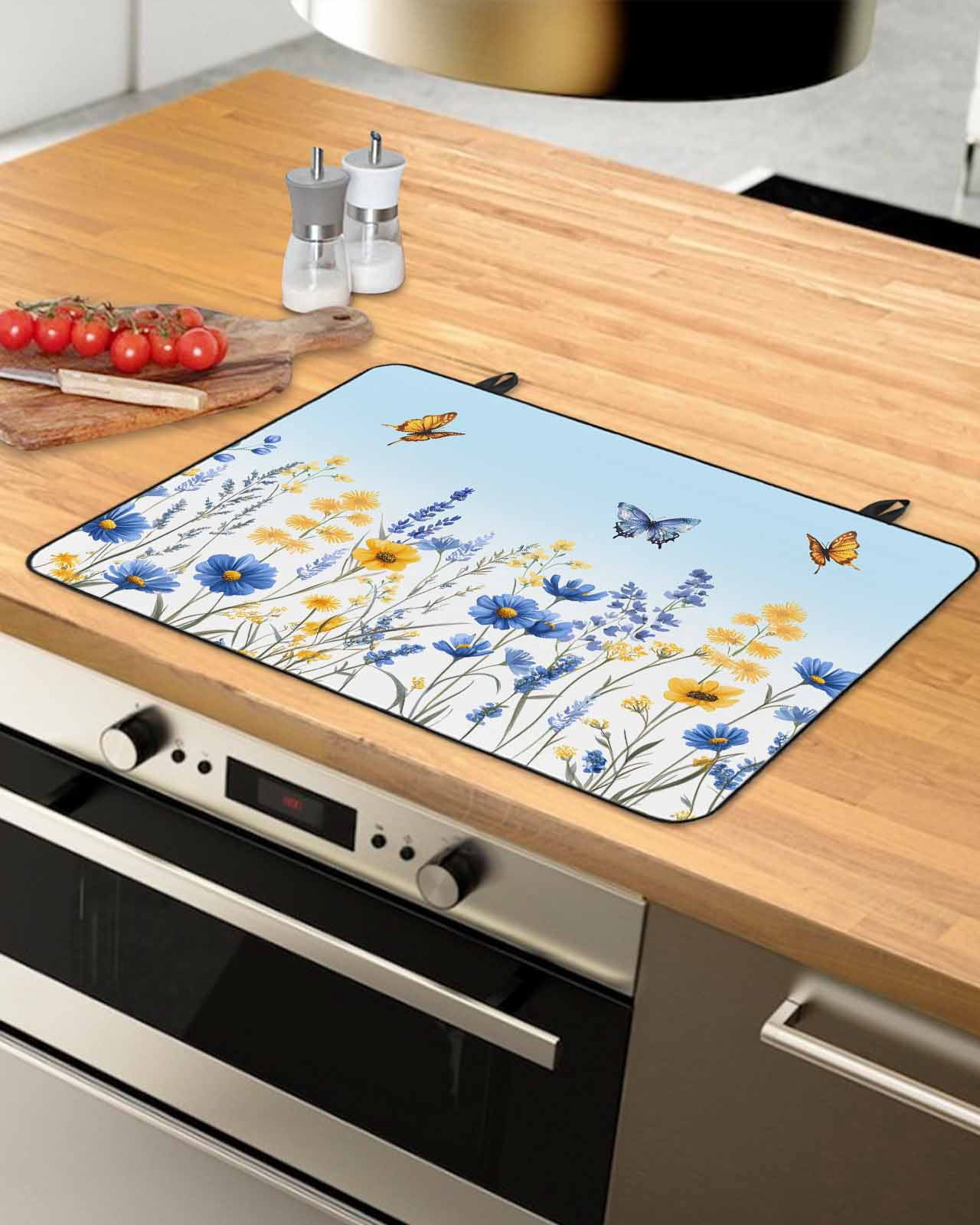 nqOlkjepod Large Induction Cooktop Protector Mat 36"x21", Spring Floral Stove Top Covers for Electric Stove, Summer Pastoral Butterfly Botanical Stove Burner Cover Mats, Glass Top Stove Cover