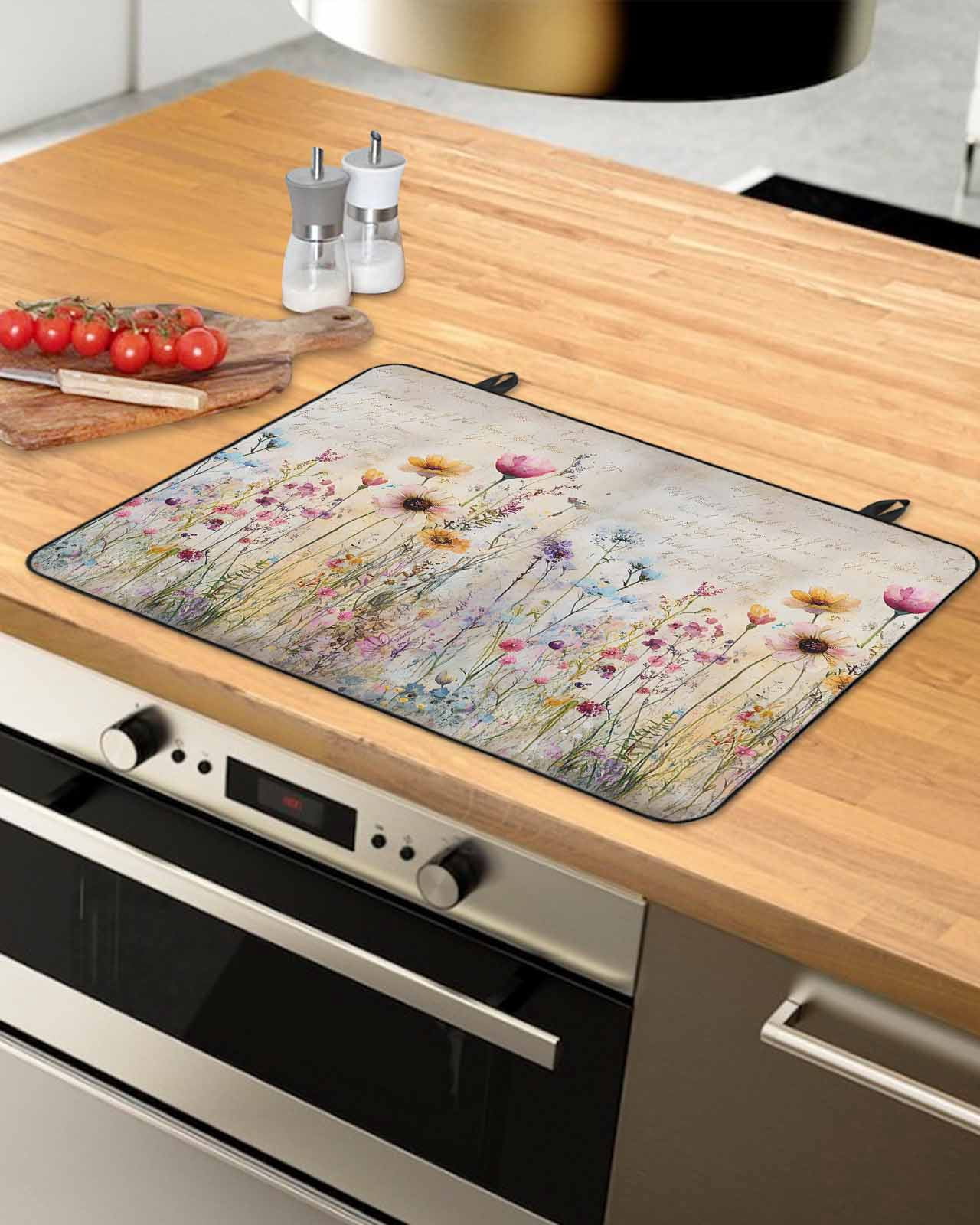 nqOlkjepod Large Induction Cooktop Protector Mat 36"x21", Spring Floral Stove Top Covers for Electric Stove, Vintage Flowers Summer Botanical Stove Burner Cover Mats, Glass Top Stove Cover